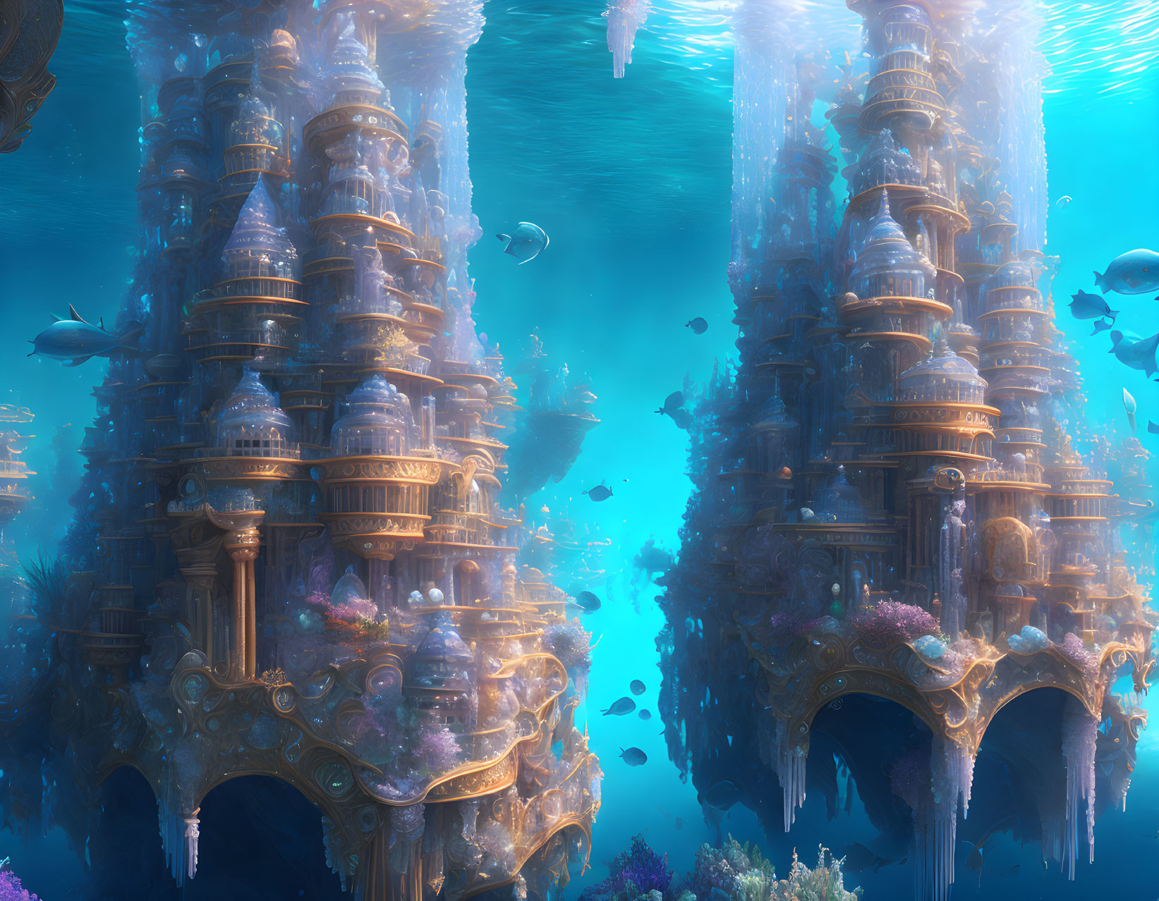 Ornate underwater city with towering structures amid fish schools