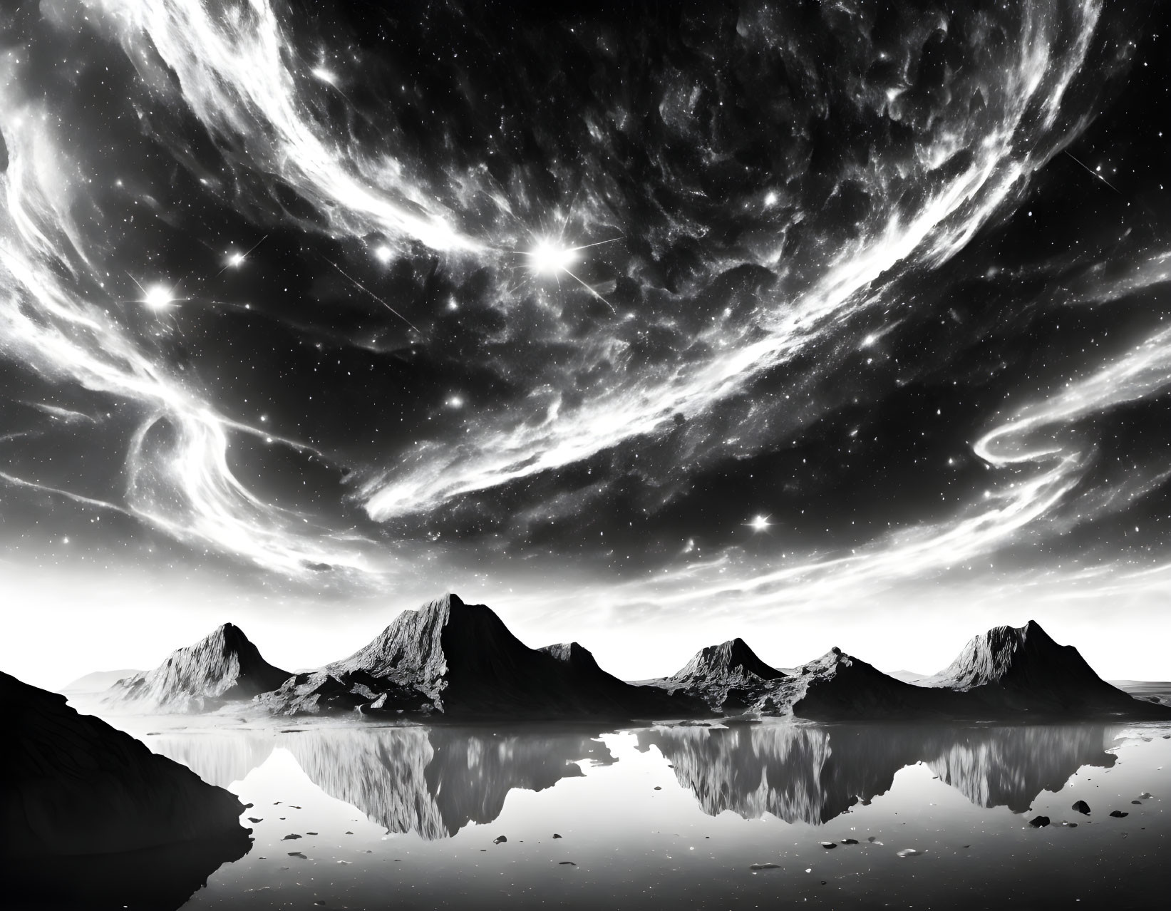 Monochrome mountain peaks mirrored in calm water under a starry sky