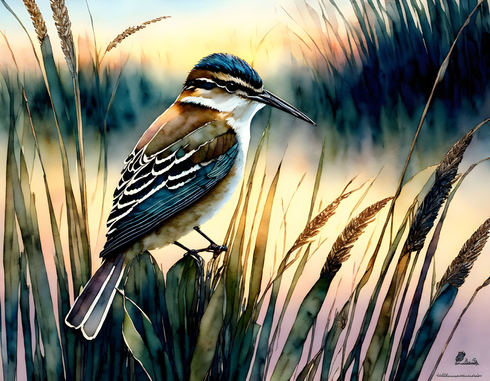 Colorful Kingfisher on Reed with Sunset Sky Background