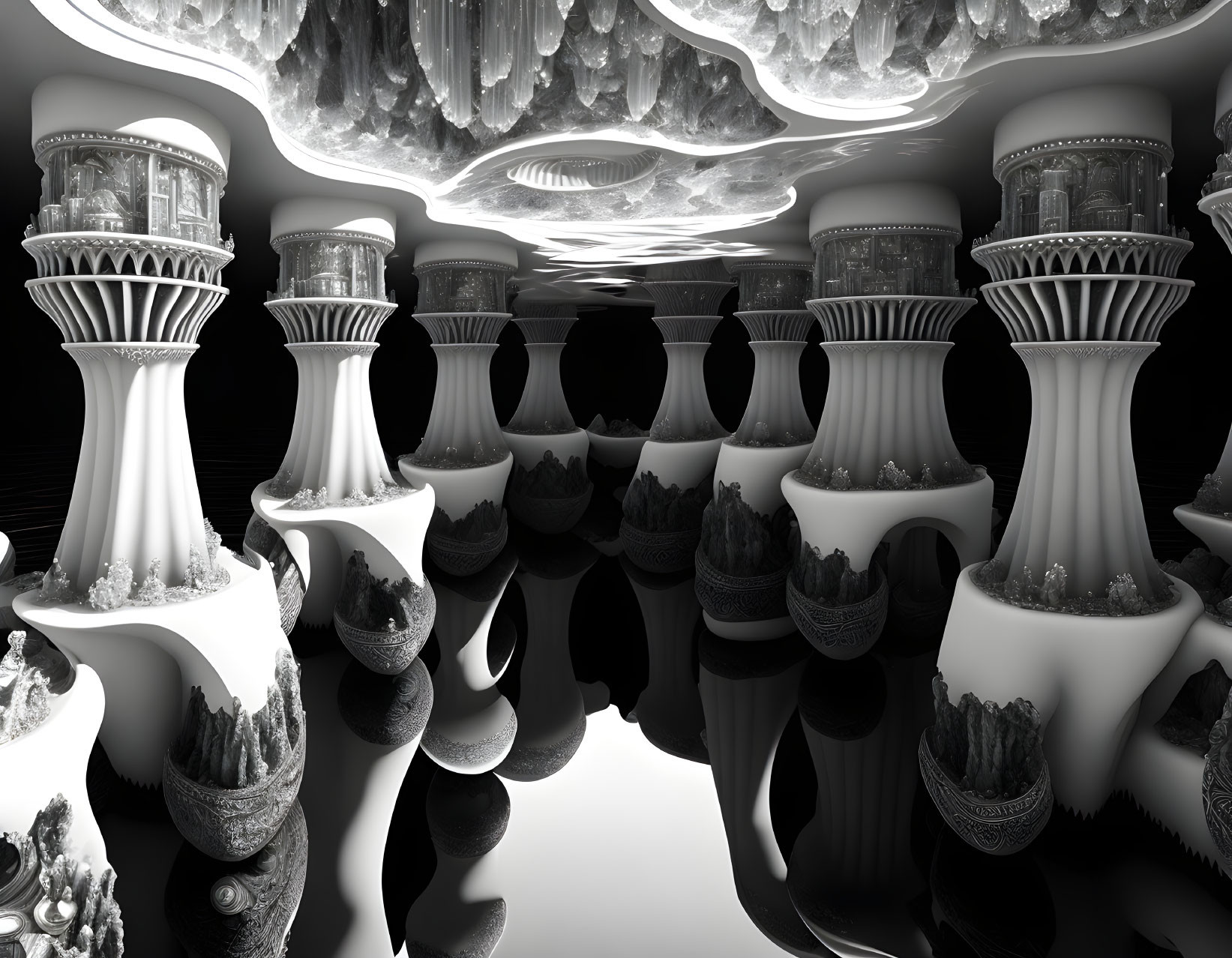 Monochrome fractal image: Symmetrical pillars with intricate patterns