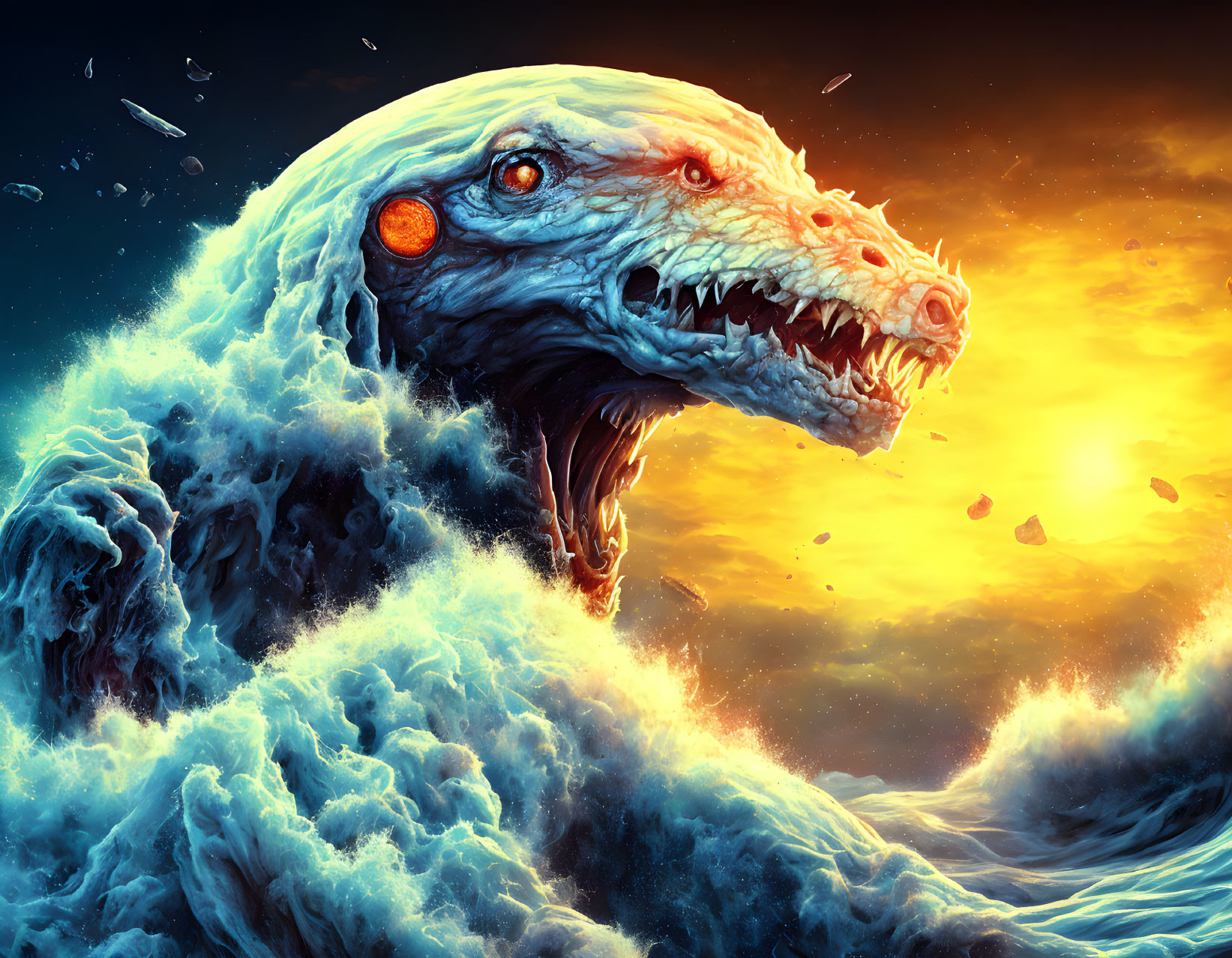 Majestic serpent-like creature in stormy ocean under fiery sky