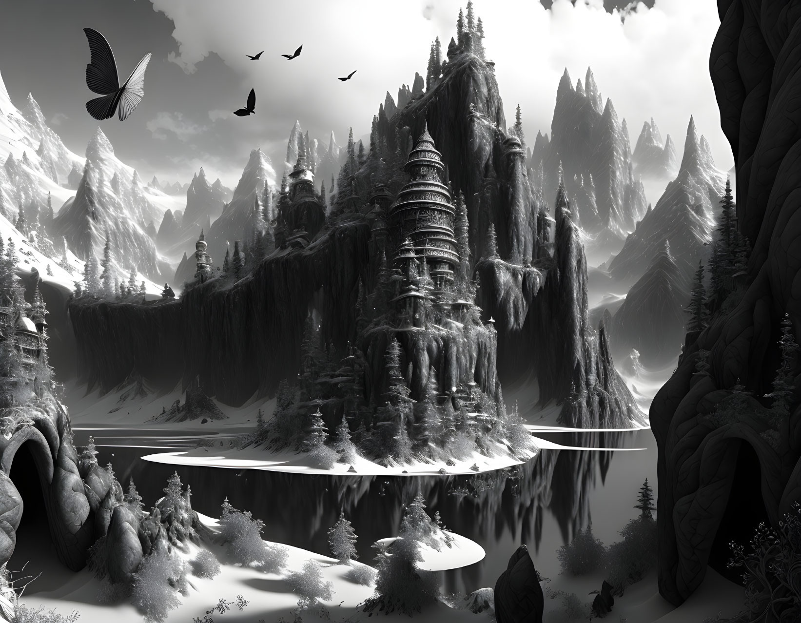 Monochrome fantasy landscape with castle, mountains, lake, birds