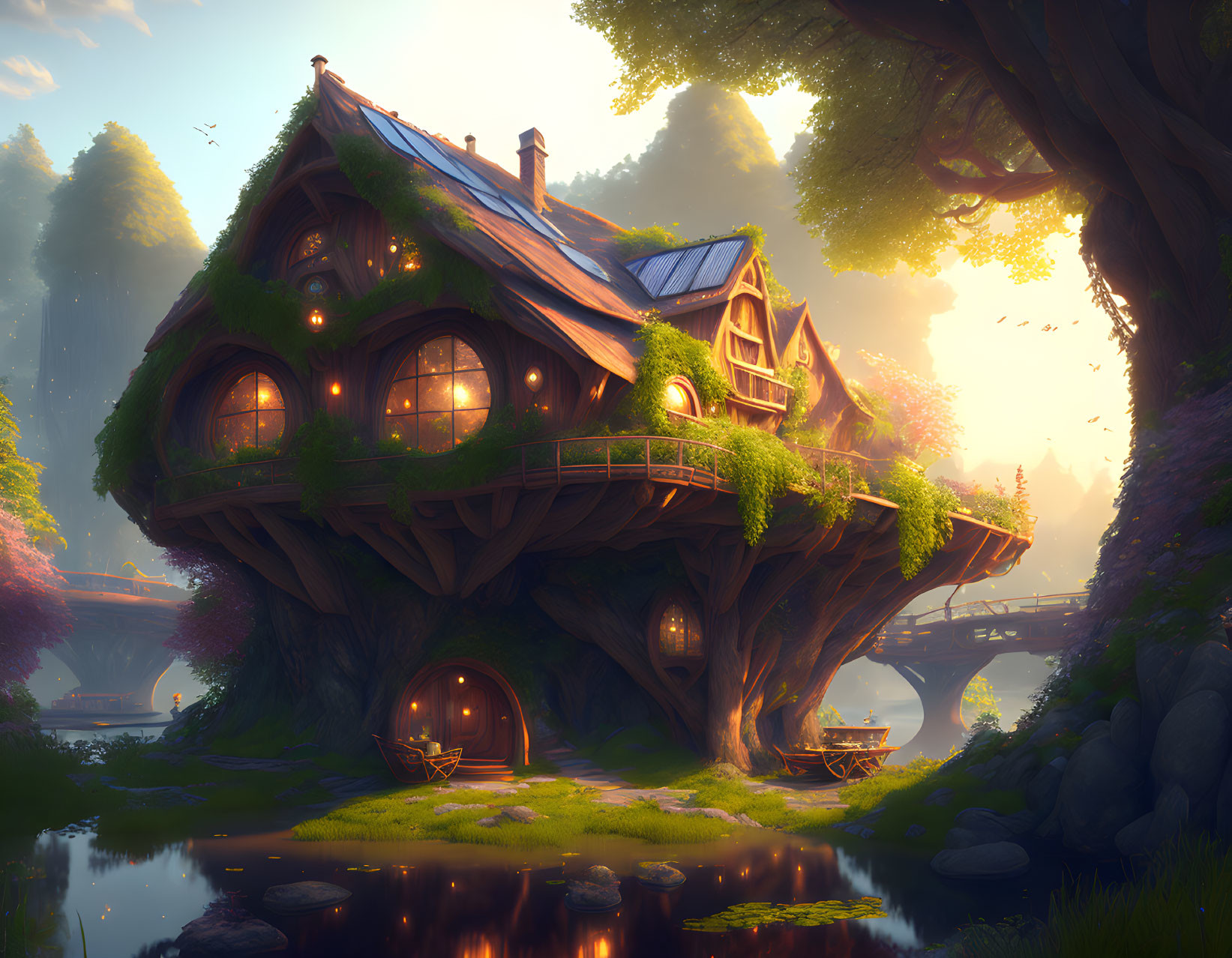 Enchanting treehouse in lush forest with glowing windows by serene pond at sunrise or sunset