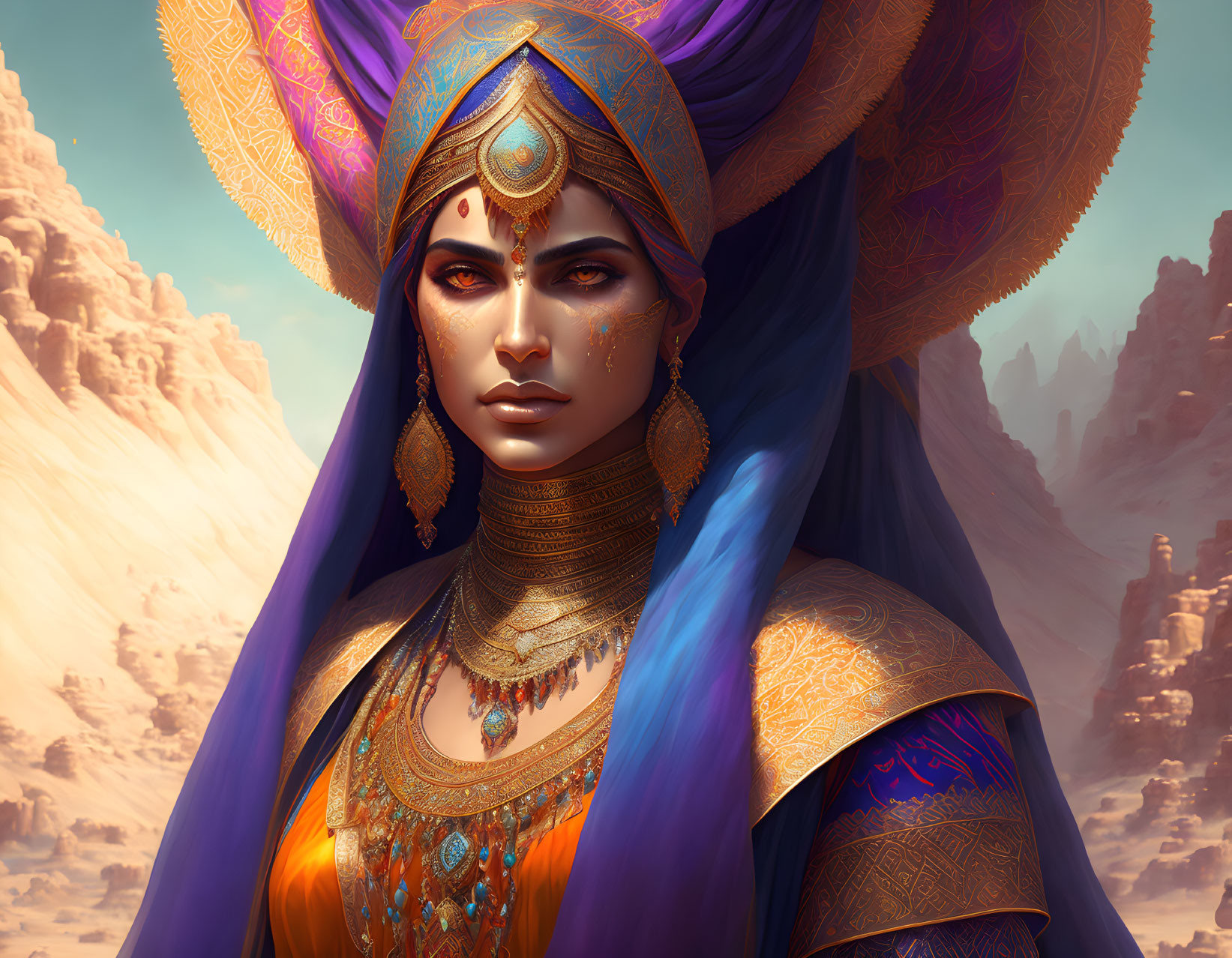 Regal woman in ornate gold jewelry and headdress in desert setting