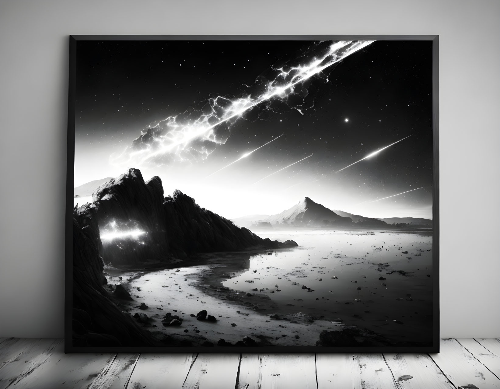 Monochrome meteor shower over mountain landscape in framed artwork