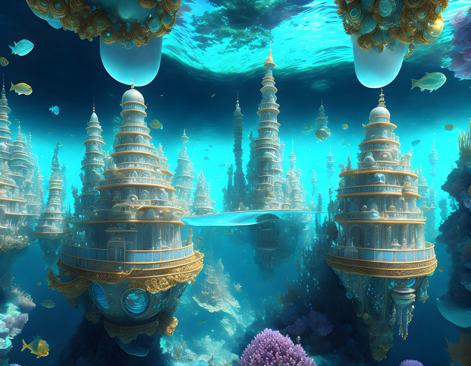 Ornate towers and floating structures in underwater fantasy city