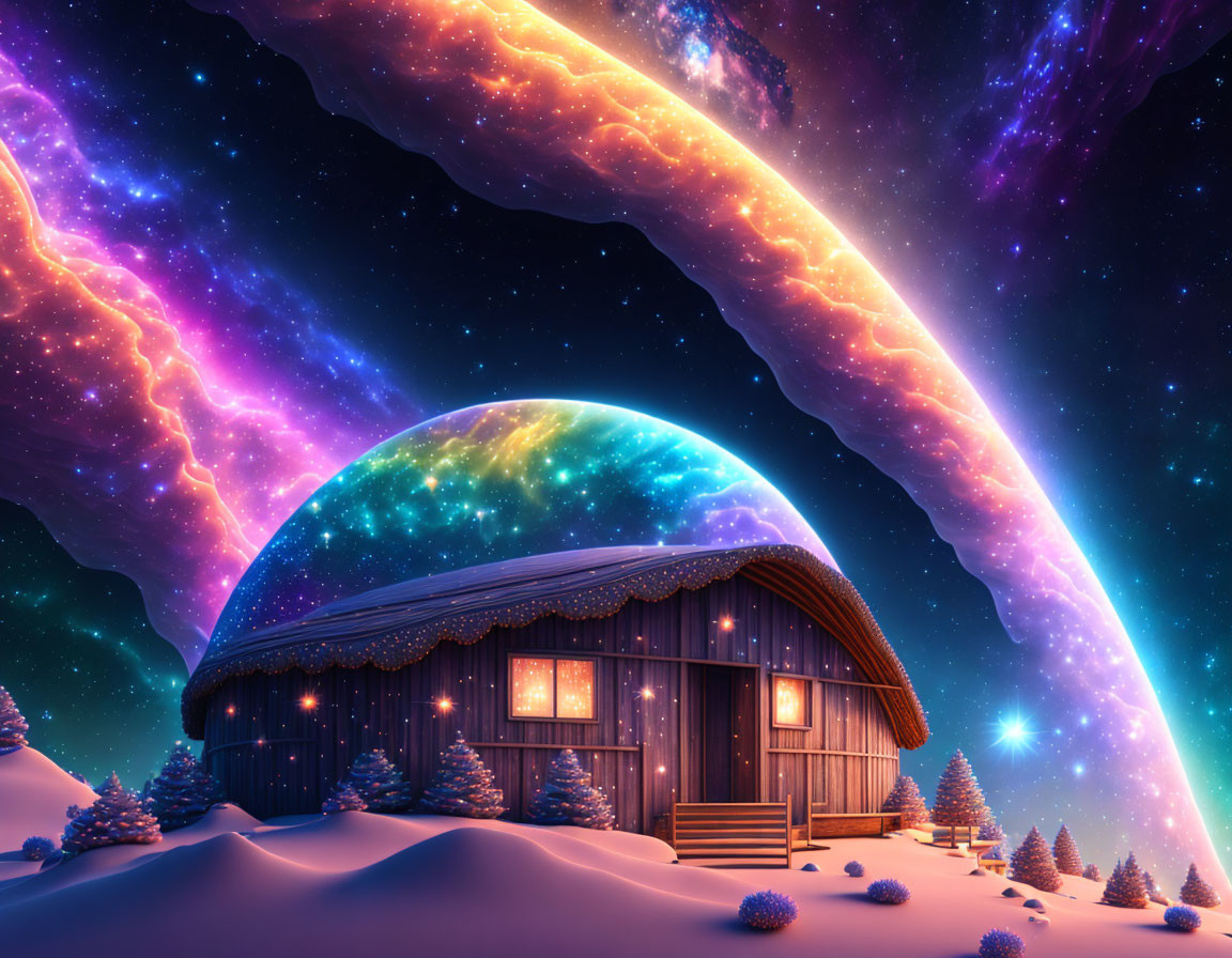 Wooden cabin under starry sky with cosmic vista in snowy landscape