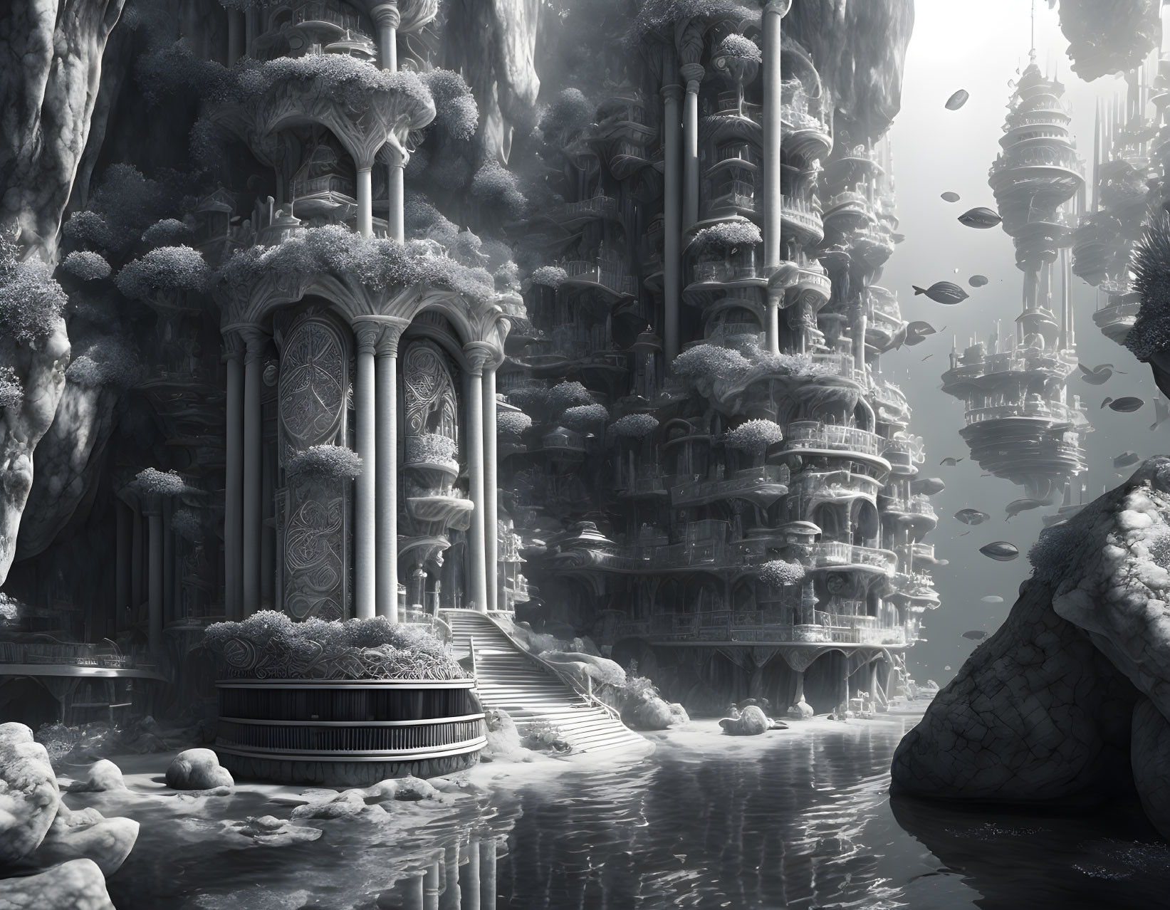 Monochrome fantasy landscape with rock formations, carved buildings, floating stones, and misty trees.