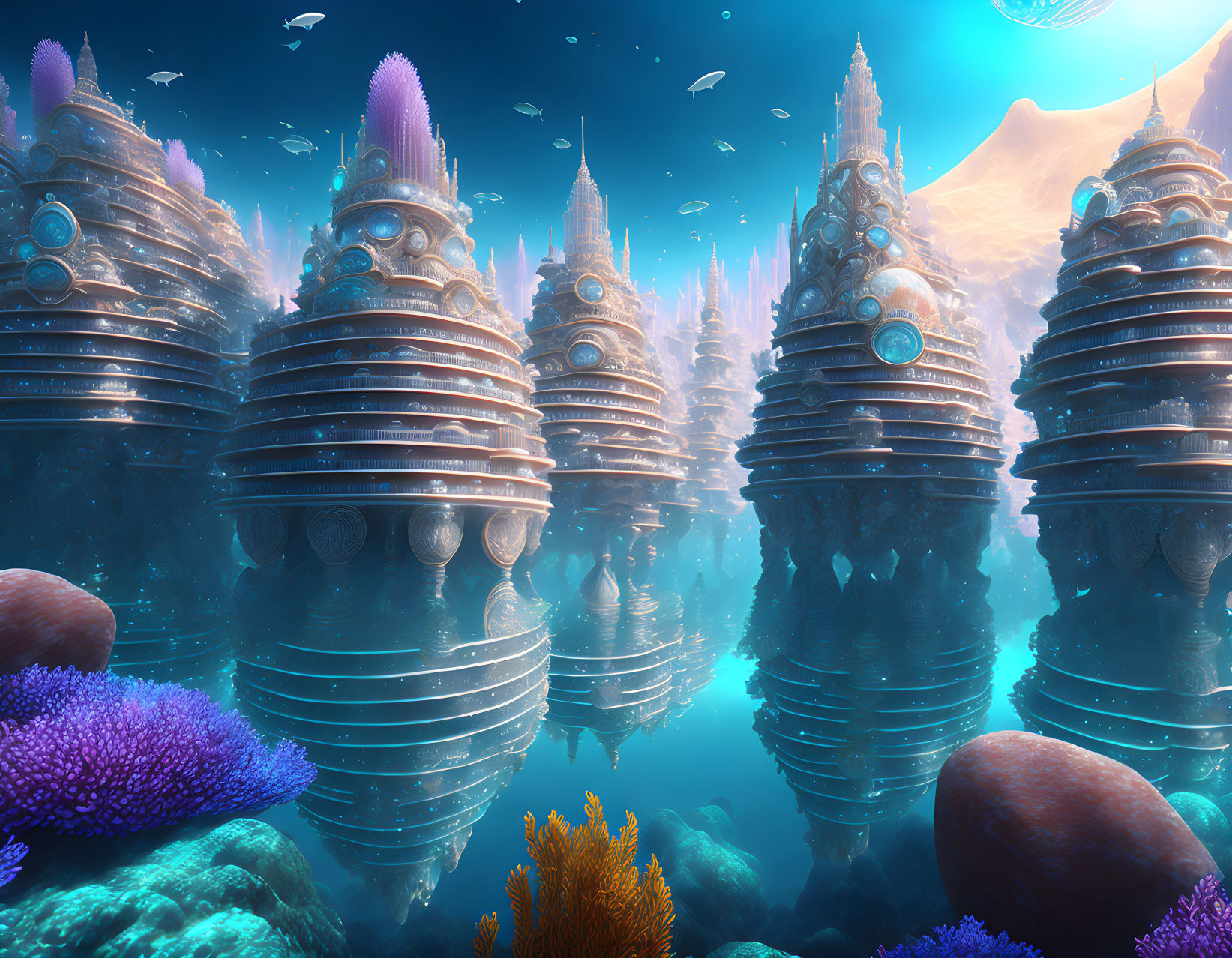 Futuristic underwater city with towering spiral structures and coral reefs in a light-blue ocean.