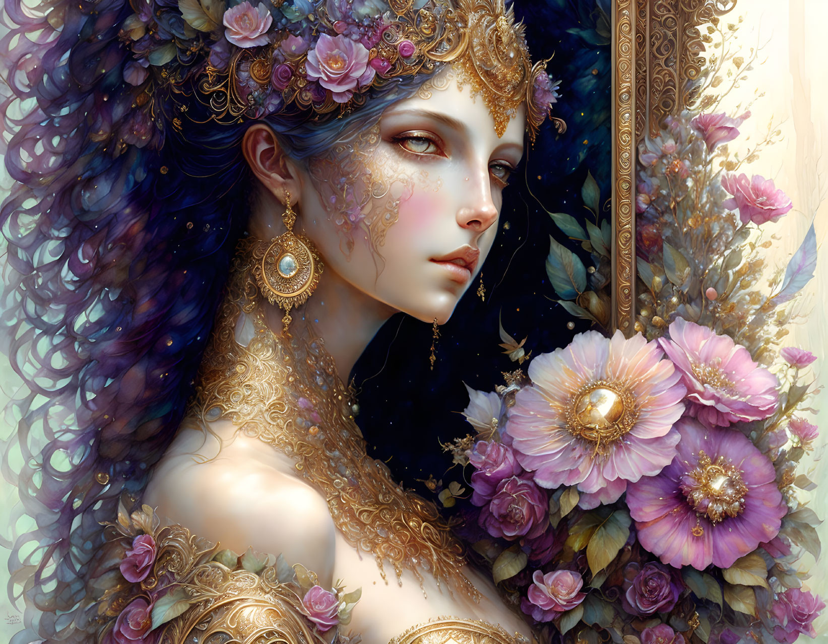 Ethereal woman with blue floral hair and golden jewelry among exquisite flowers