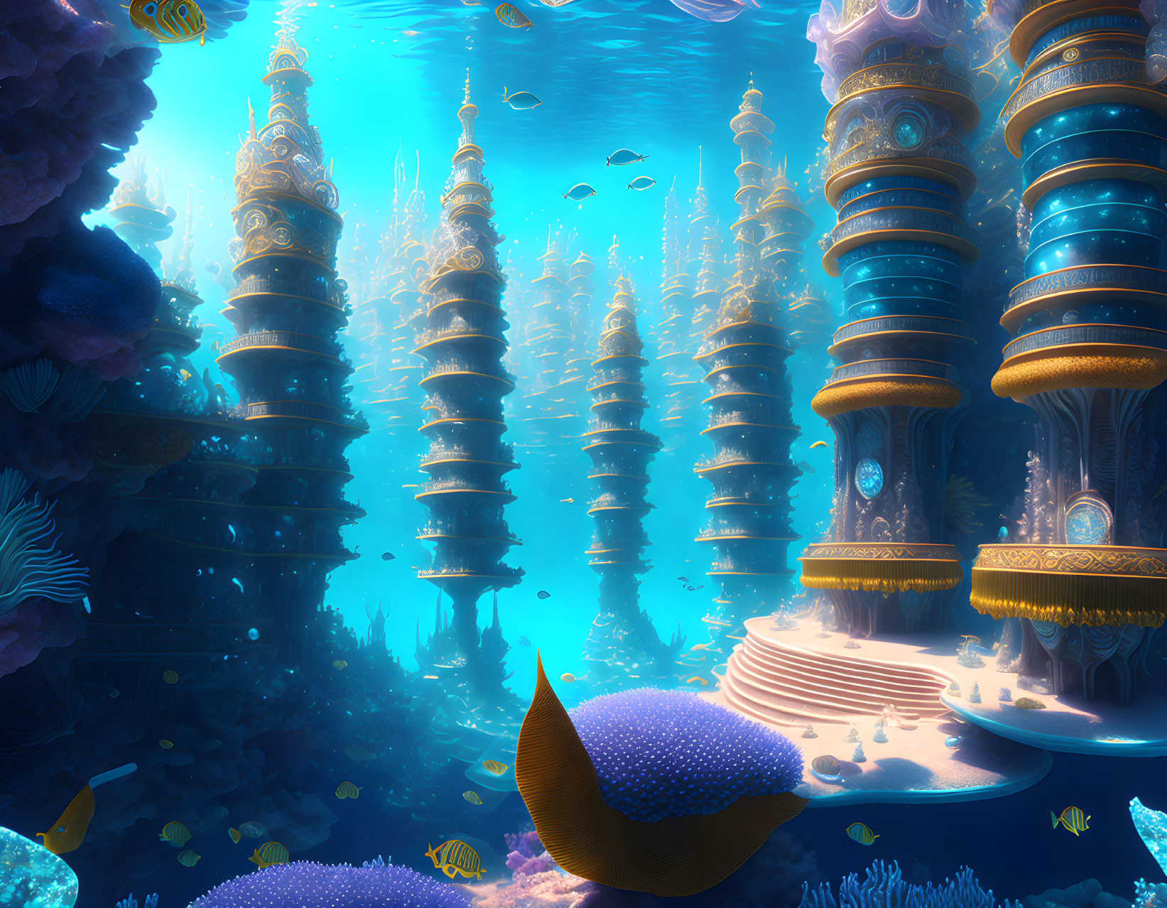 Vibrant underwater scene with coral towers and tropical fish