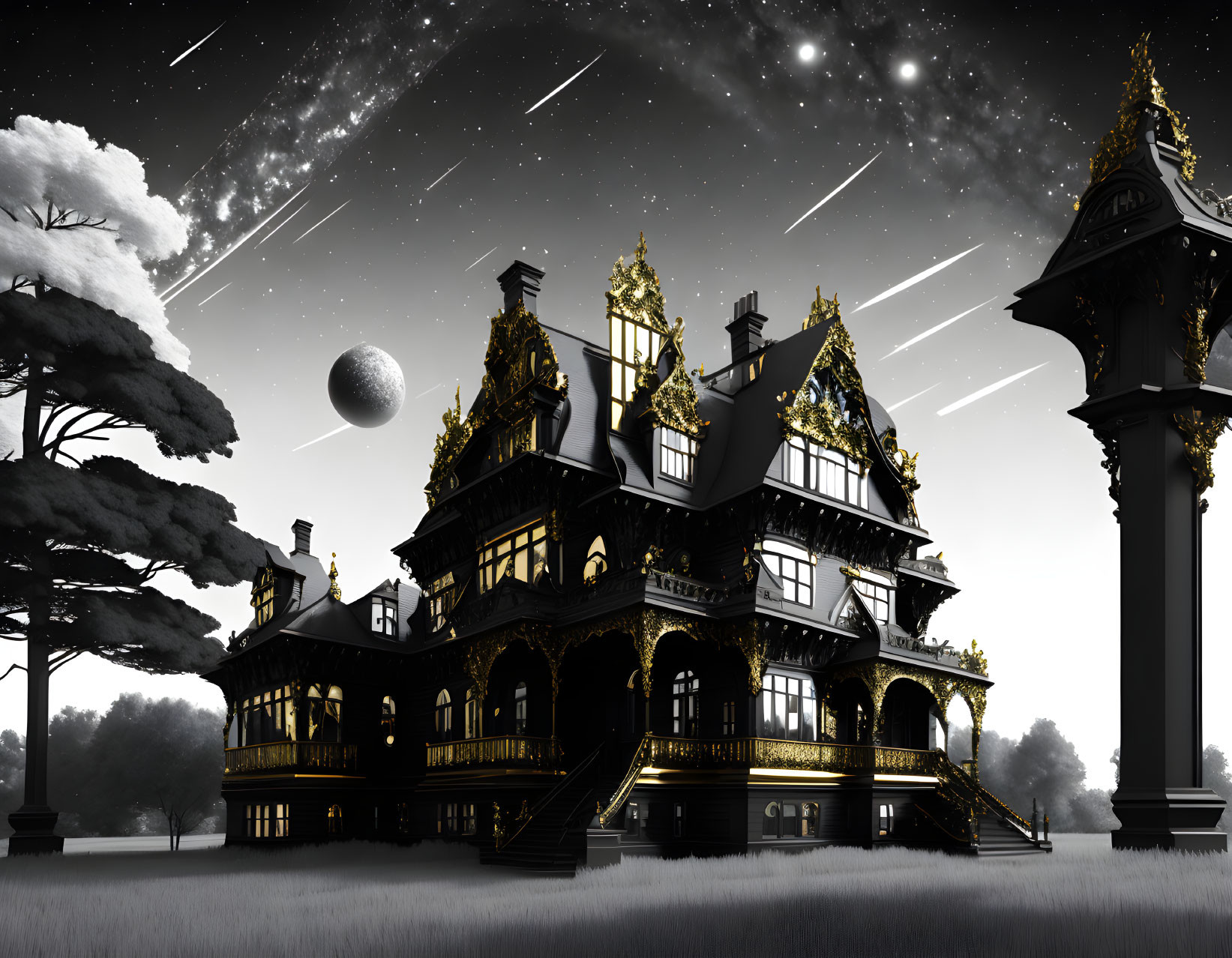 Victorian house at night with golden lights, meteor trails, tree, and crescent moon