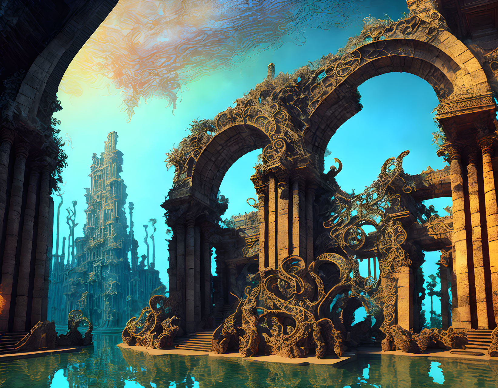 Ornate underwater city with warm light and marine flora