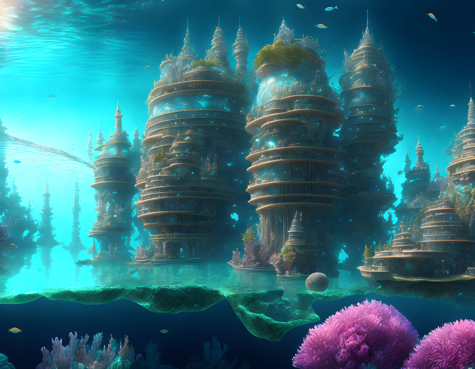 Ornate underwater fantasy city with vibrant coral reefs