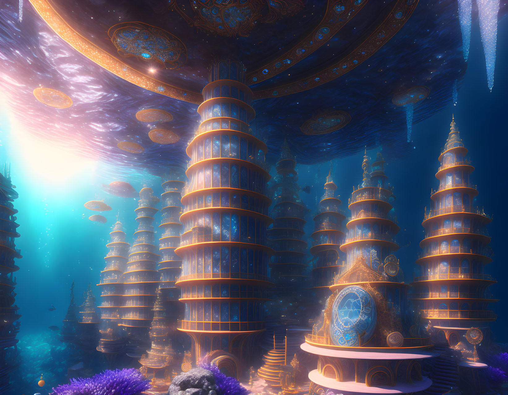 Futuristic underwater city with ornate towers and marine life in soft blue glow