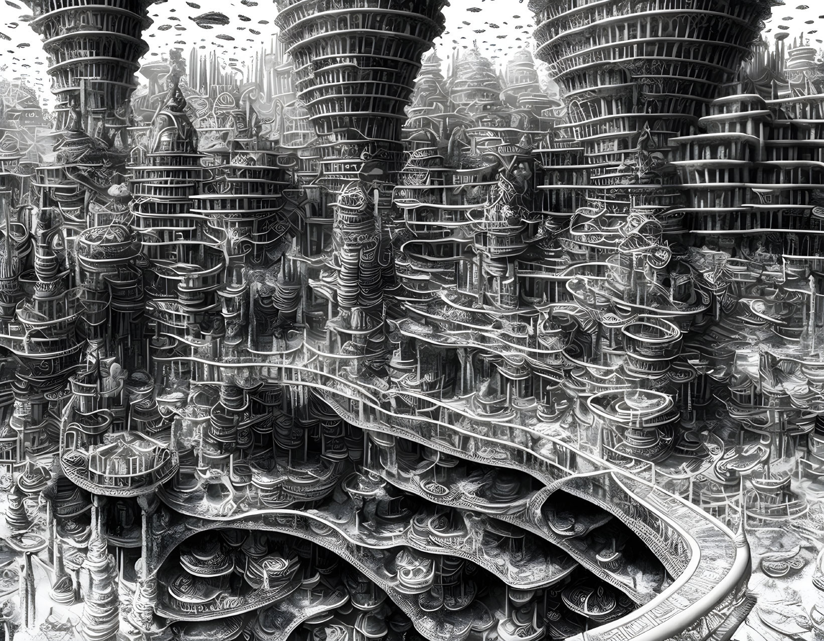 Monochromatic fractal image of surreal spiraling towers.