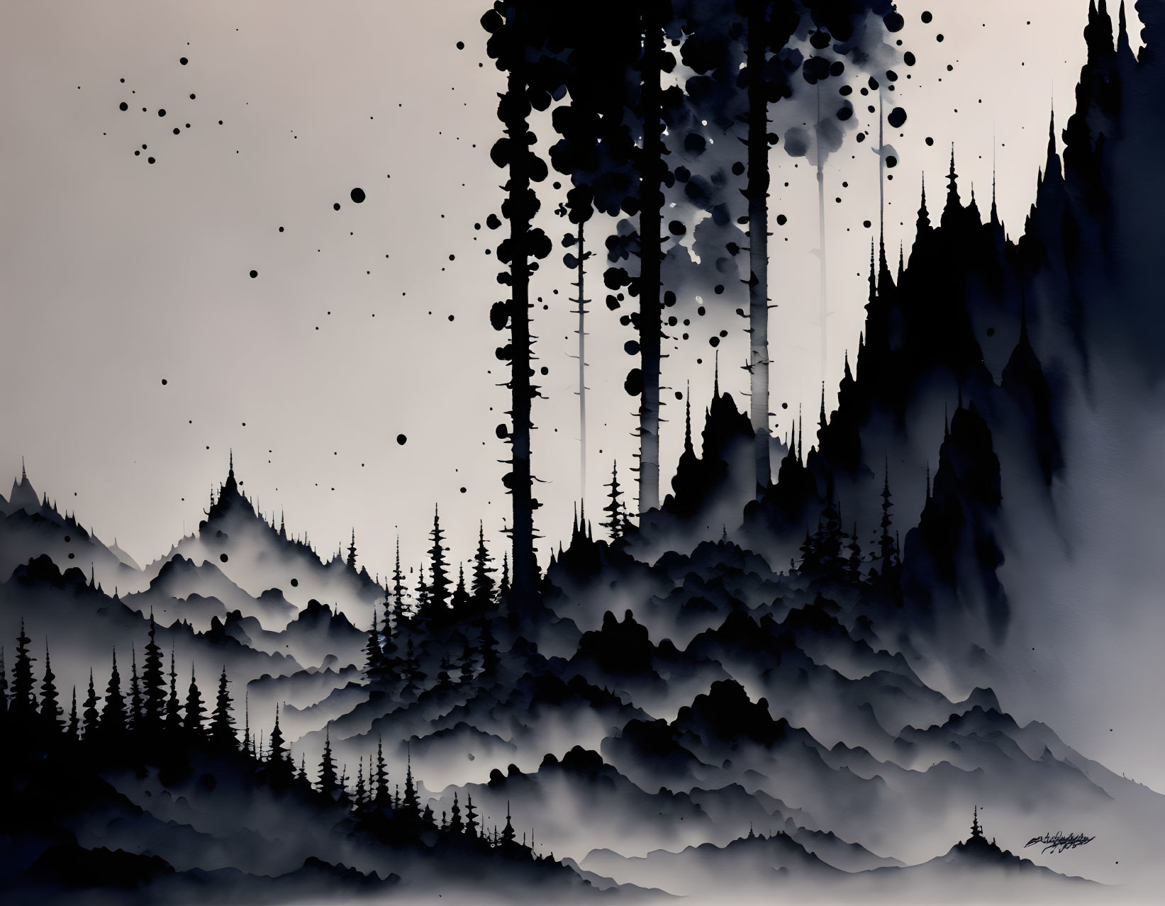 Layered Mountain Landscape in Monochrome Watercolor