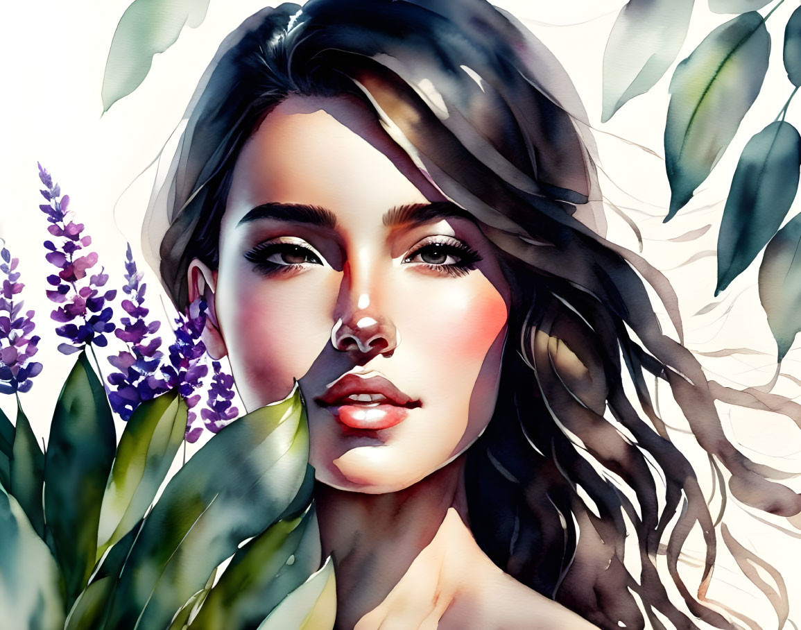 Detailed digital painting of woman with dark hair, surrounded by green leaves and purple flowers