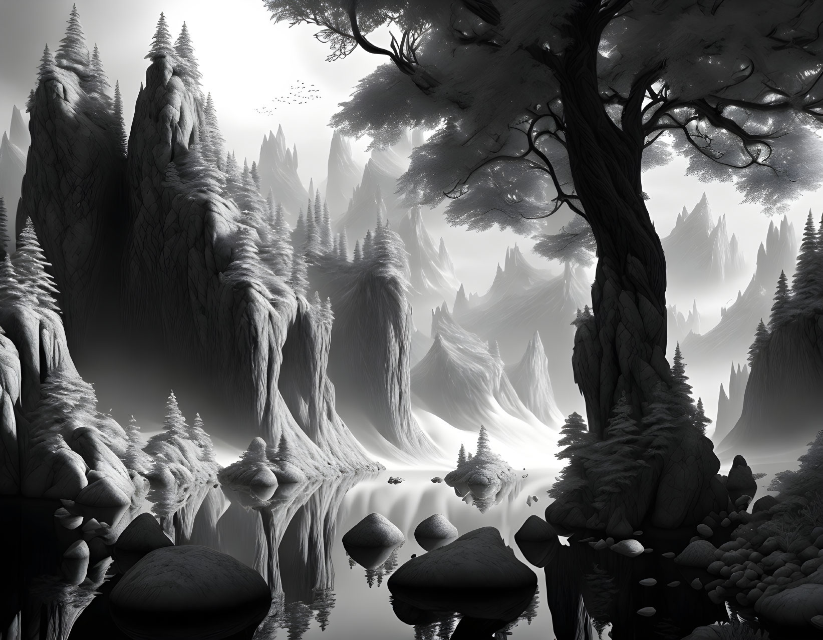 Monochrome landscape with misty forests, towering trees, mountains, and serene river