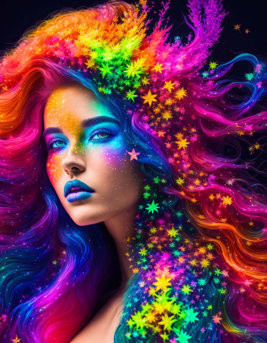 Colorful portrait of woman with flowing hair and glowing stars, neon flowers on dark backdrop