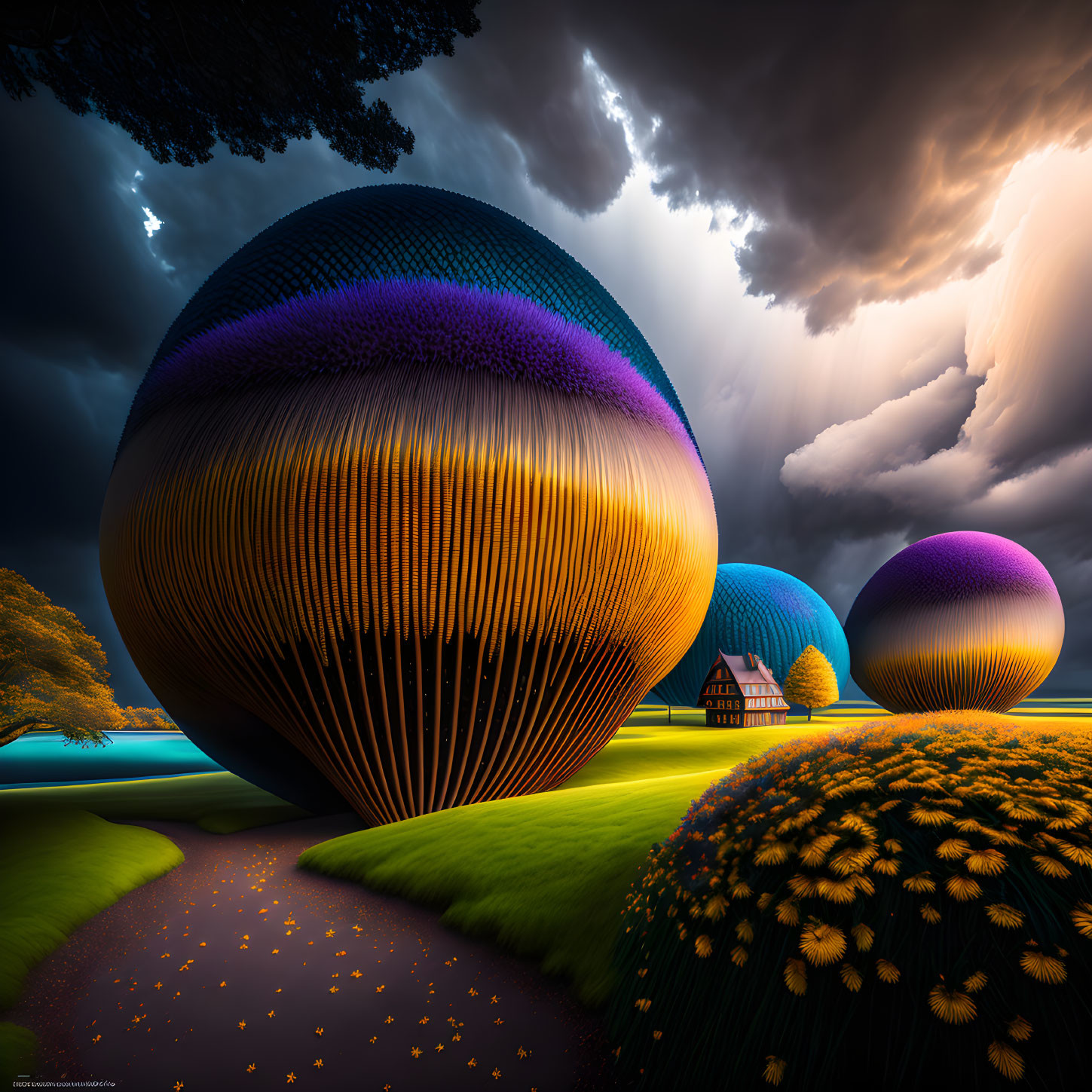 Surreal landscape with textured spheres, house, and vibrant flowers