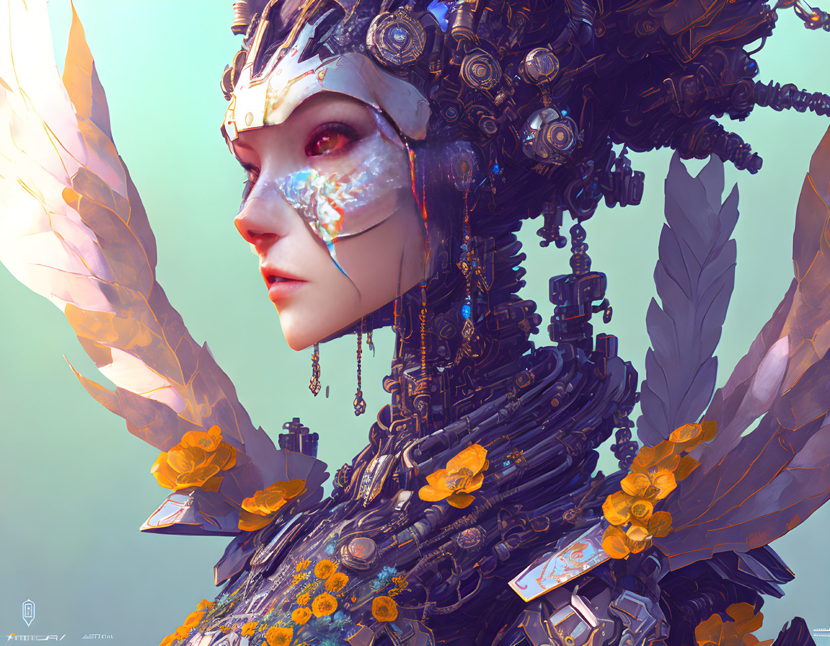 Futuristic digital artwork of a woman with mechanical headgear and flowers