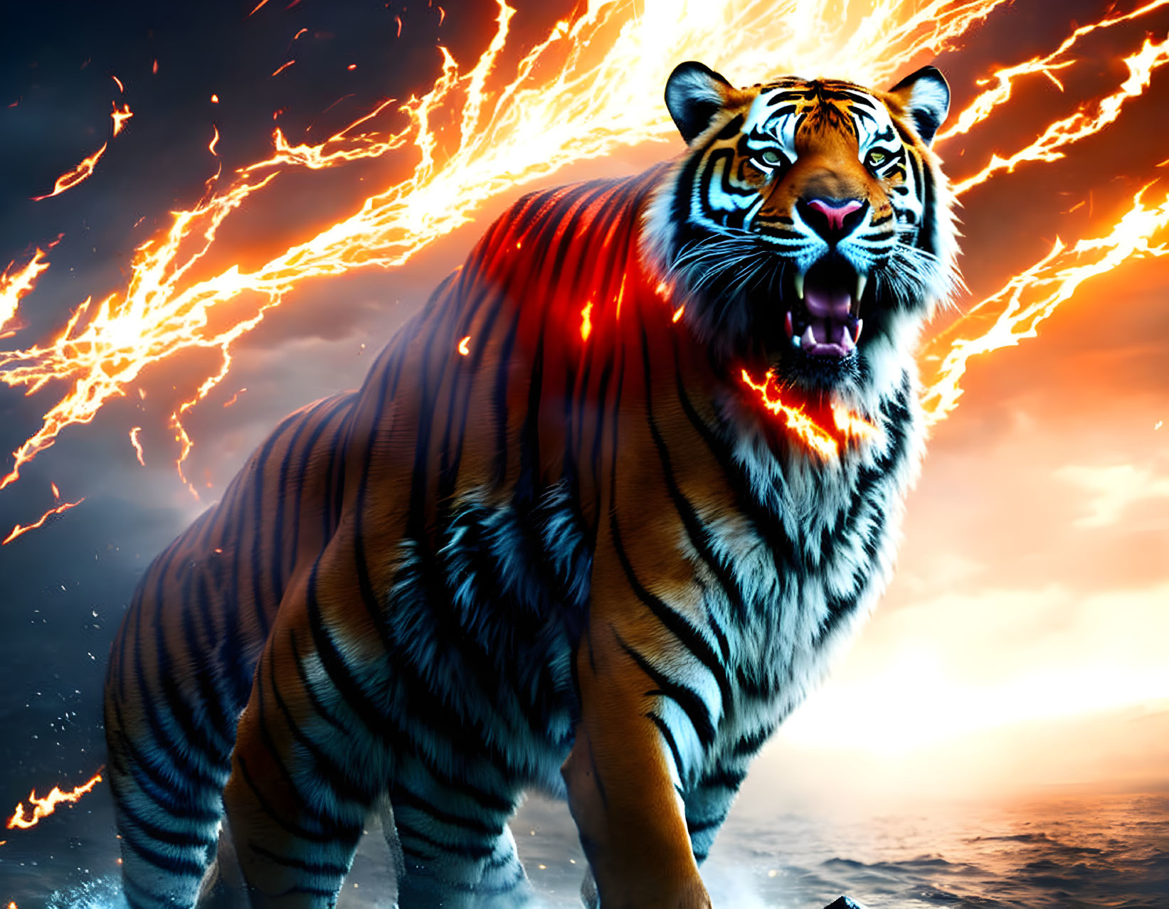 Majestic tiger with glowing stripes against dramatic skies