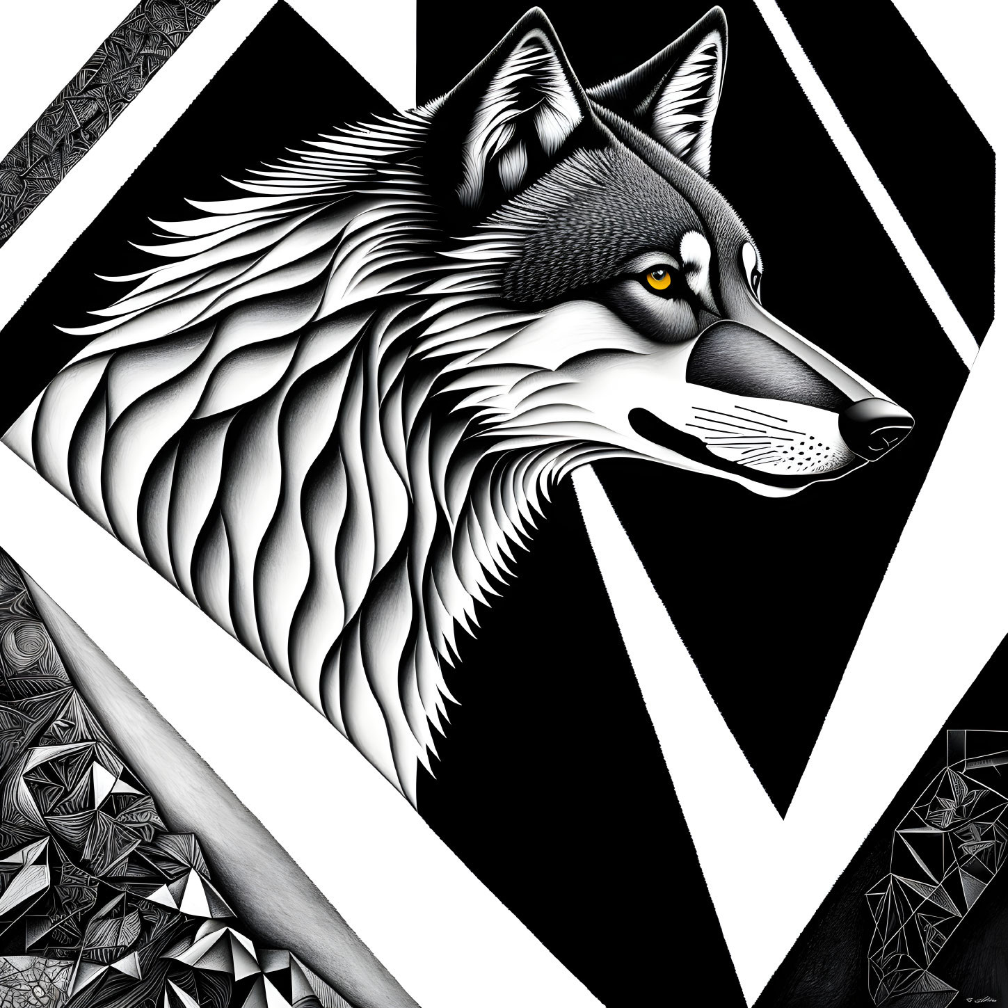 Monochromatic wolf art with geometric backdrop