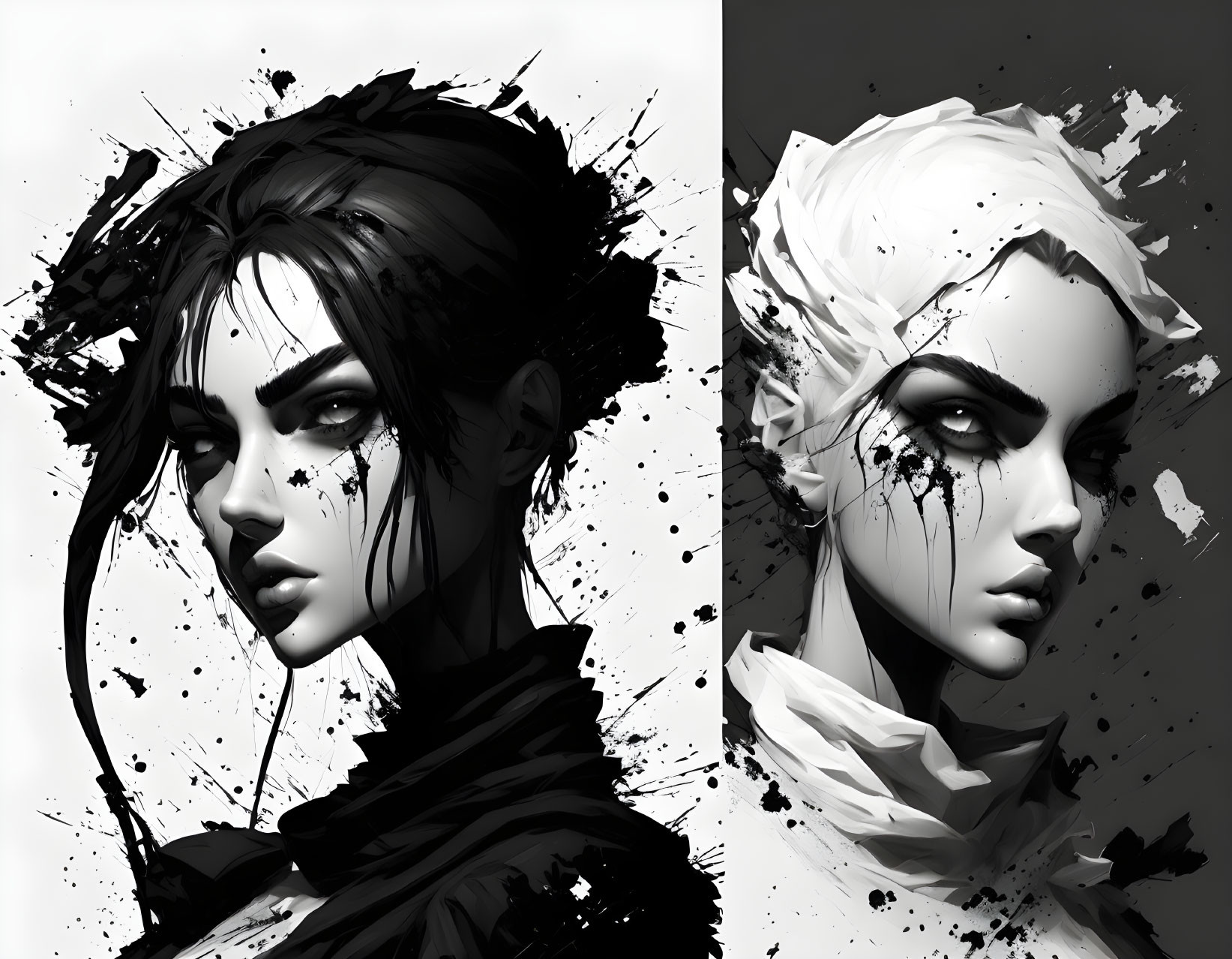 Stylized monochrome digital art: Dynamic ink splatter effects on two intense and mysterious female portraits