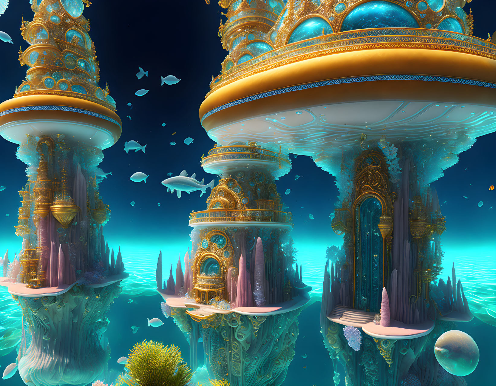 Ornate golden structures in surreal underwater scene