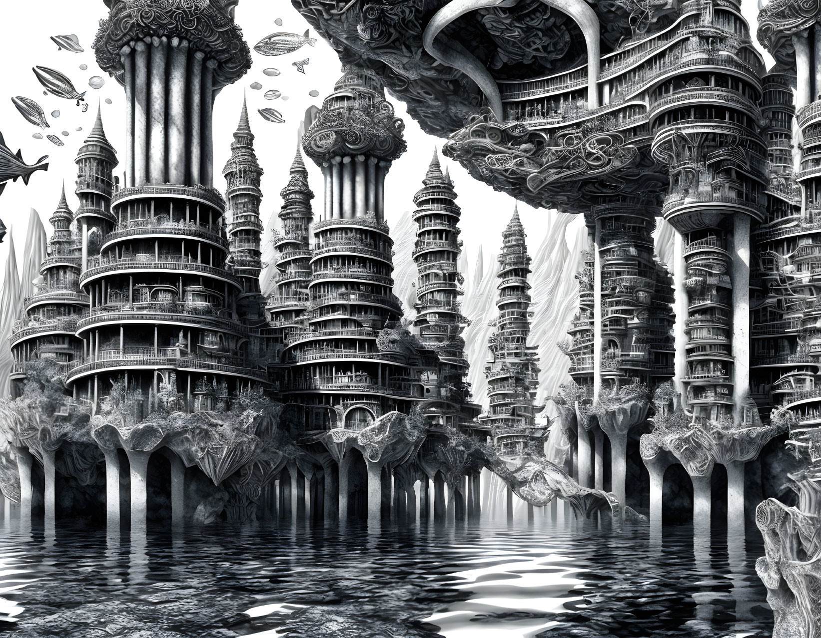 Fantastical Monochromatic Cityscape with Ornate Buildings