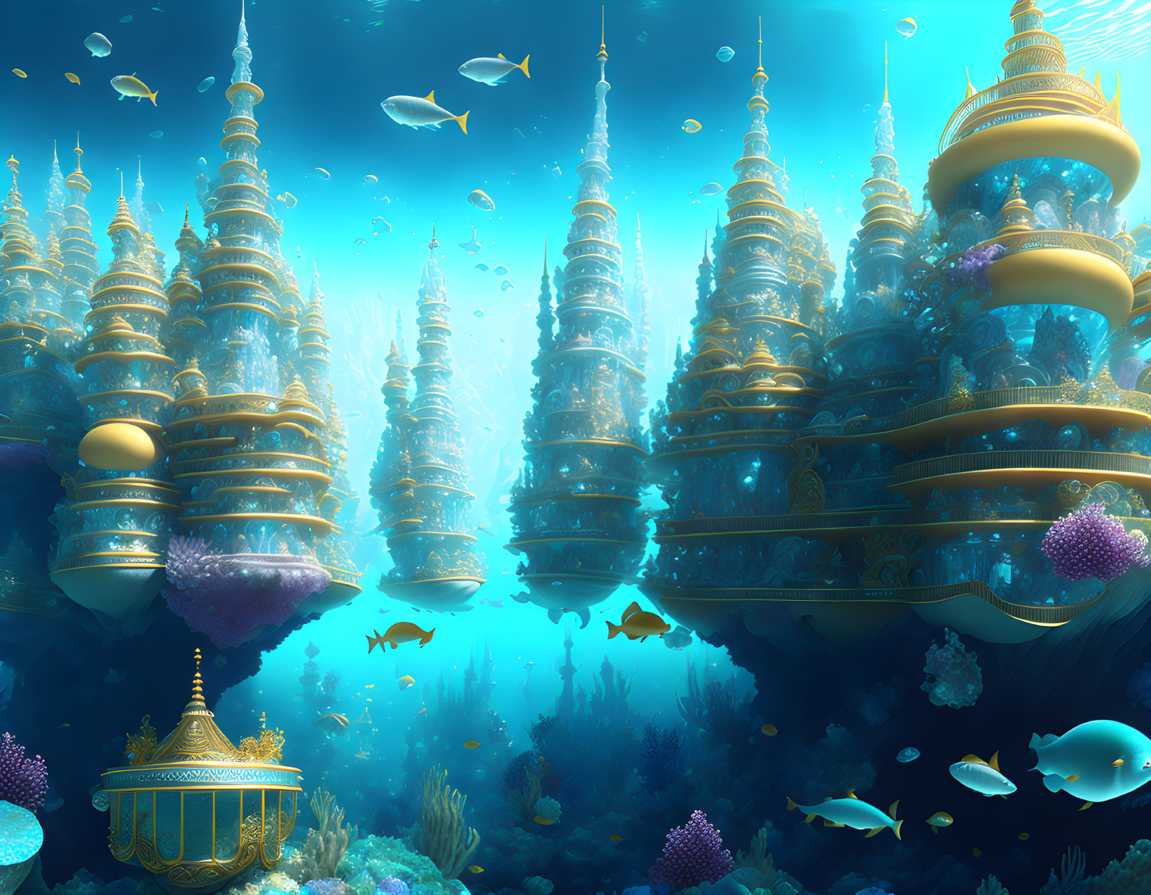 Golden towers, coral formations, and tropical fish in underwater fantasy.