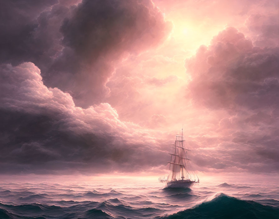 Sailing ship in turbulent seas under dramatic sky