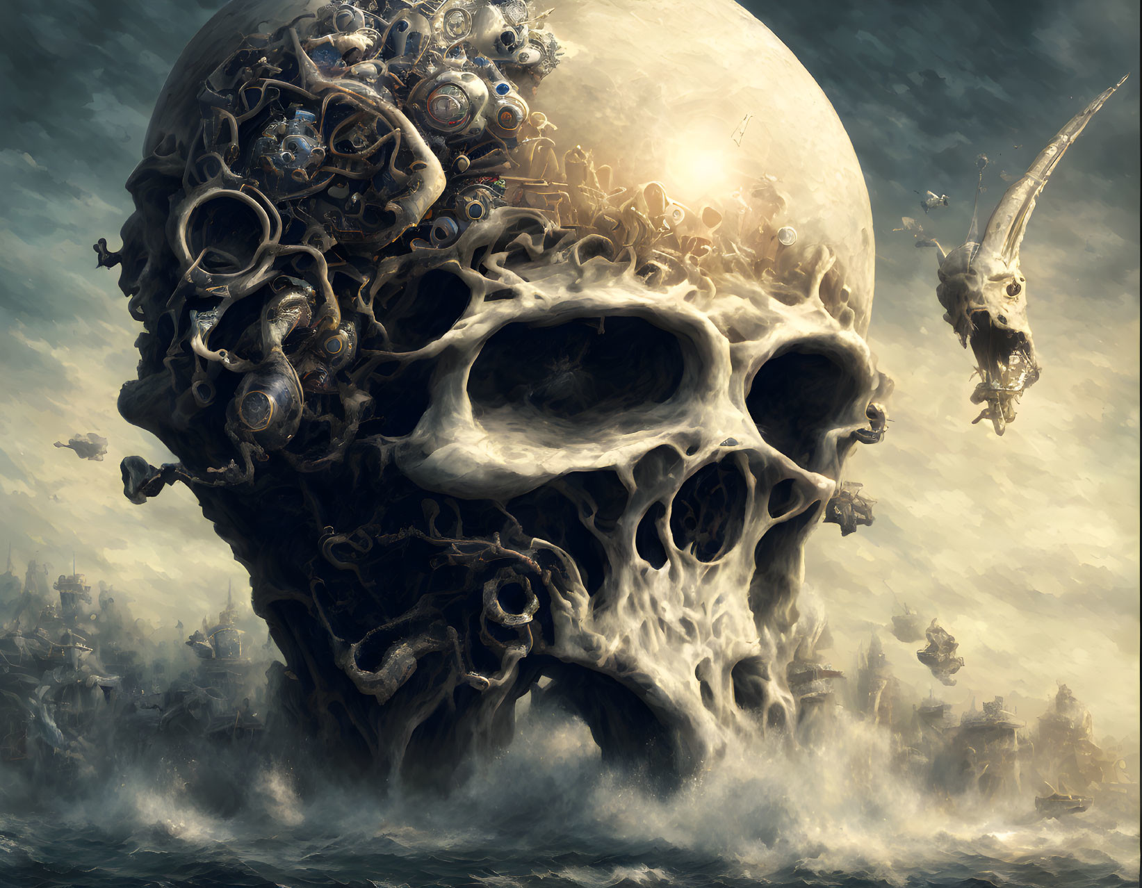 Surreal steampunk image: Massive skull made of gears, smaller skull in cloudy sky