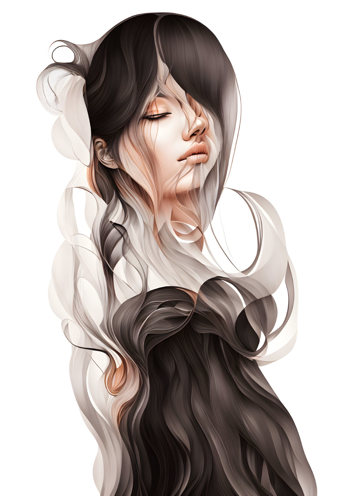 Digital artwork: Woman with flowing black and white hair, eyes closed