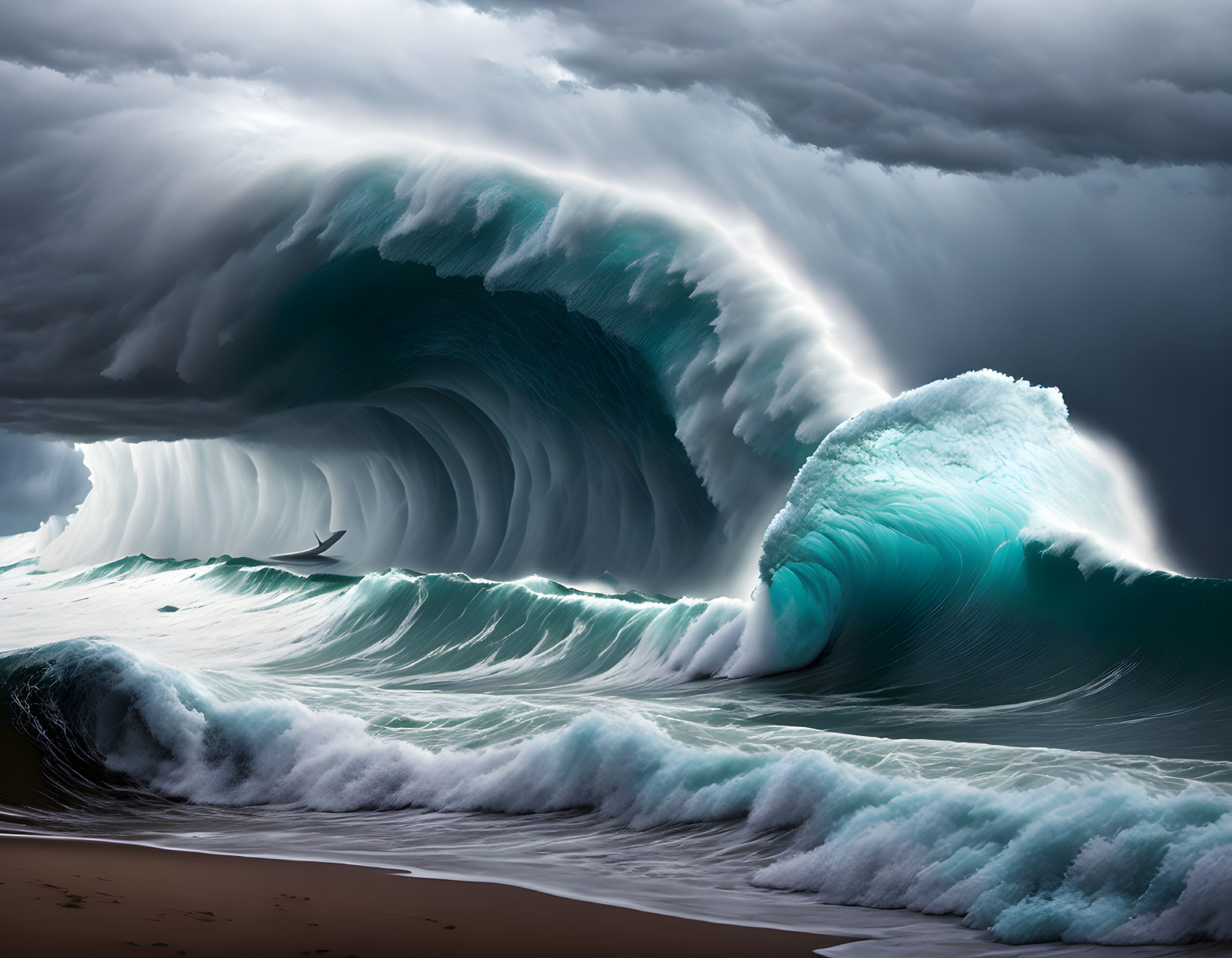 Dark Wave Curling with Seagull Under Stormy Sky