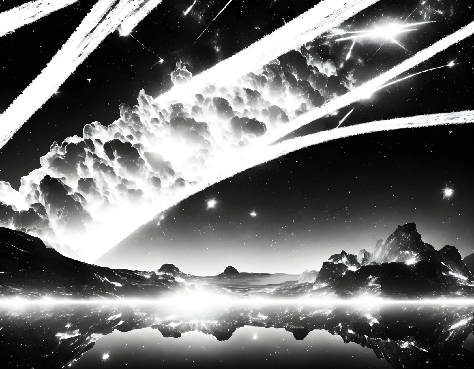 Monochromatic landscape with shooting stars, starry sky, water reflection, mountains