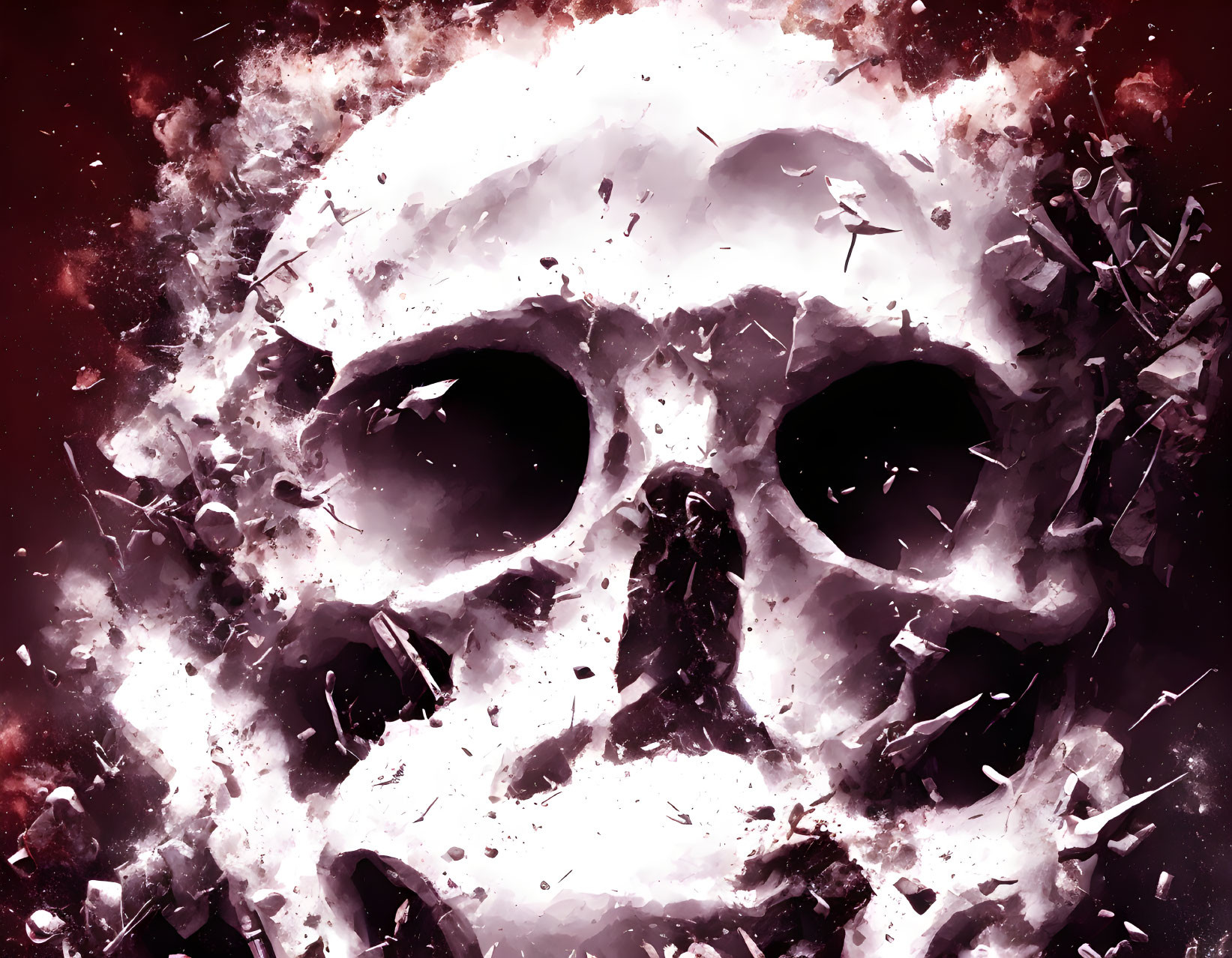 Digital Illustration: Skull with Shattered Fragments on Red Background