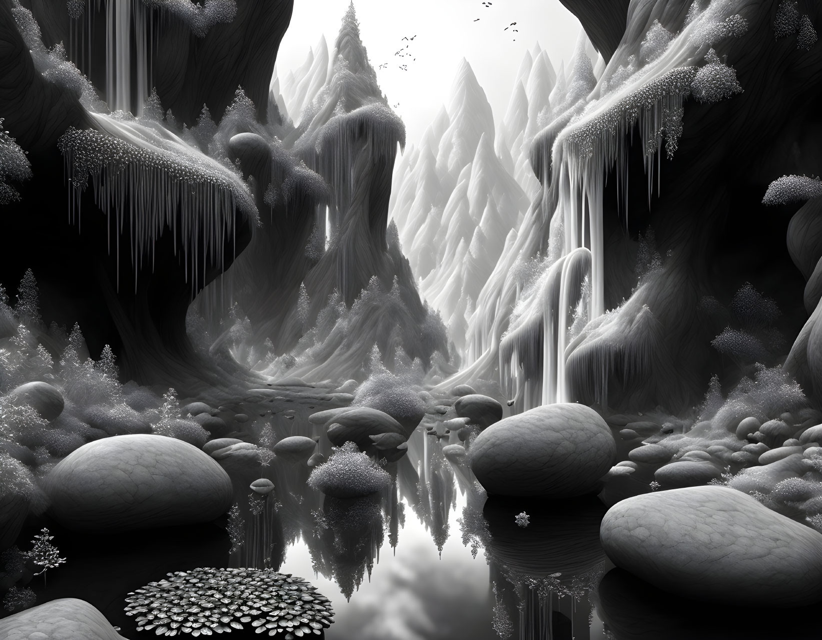 Monochrome landscape with smooth stones, reflective water, icy caverns, and mountain peaks