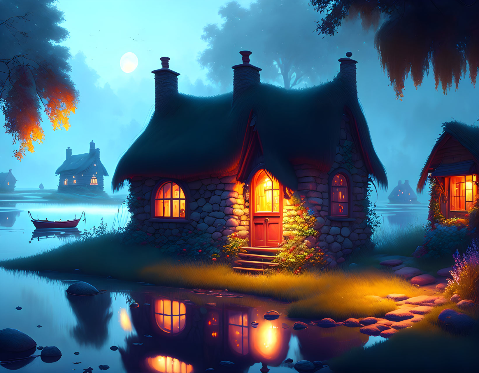 Tranquil night scene: Cozy cottage by calm lake, moonlit sky, reflections.