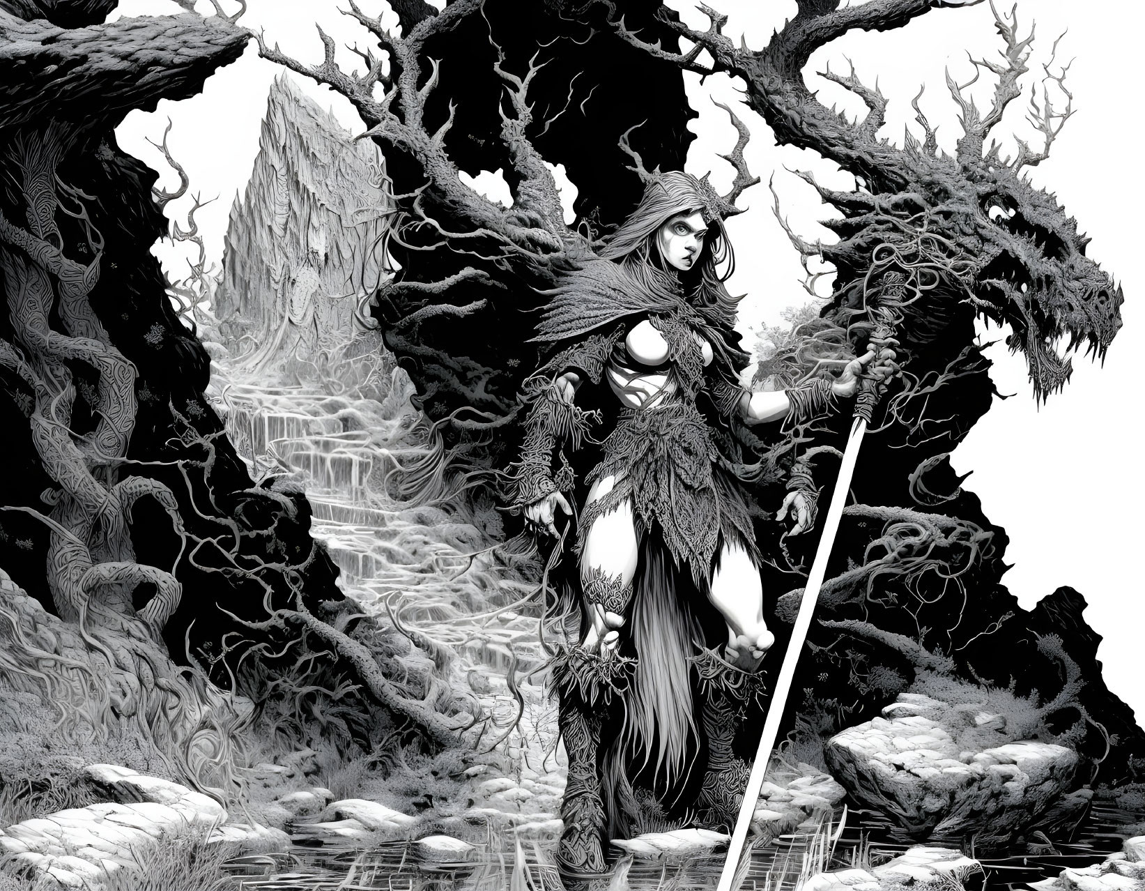 Monochrome fantasy illustration of warrior woman in mystical forest