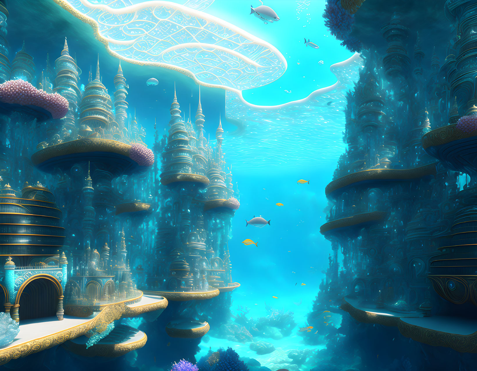 Underwater city with towering spires and coral formations