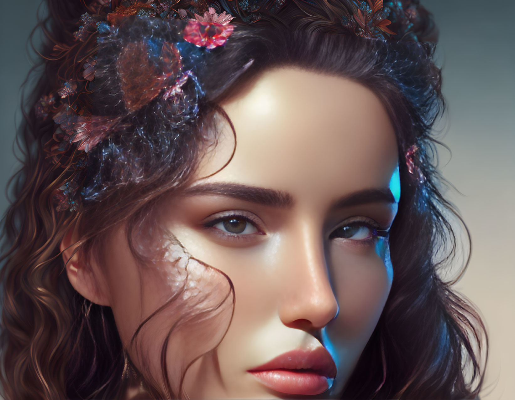 Detailed digital portrait of a woman with floral crown and blue eyes