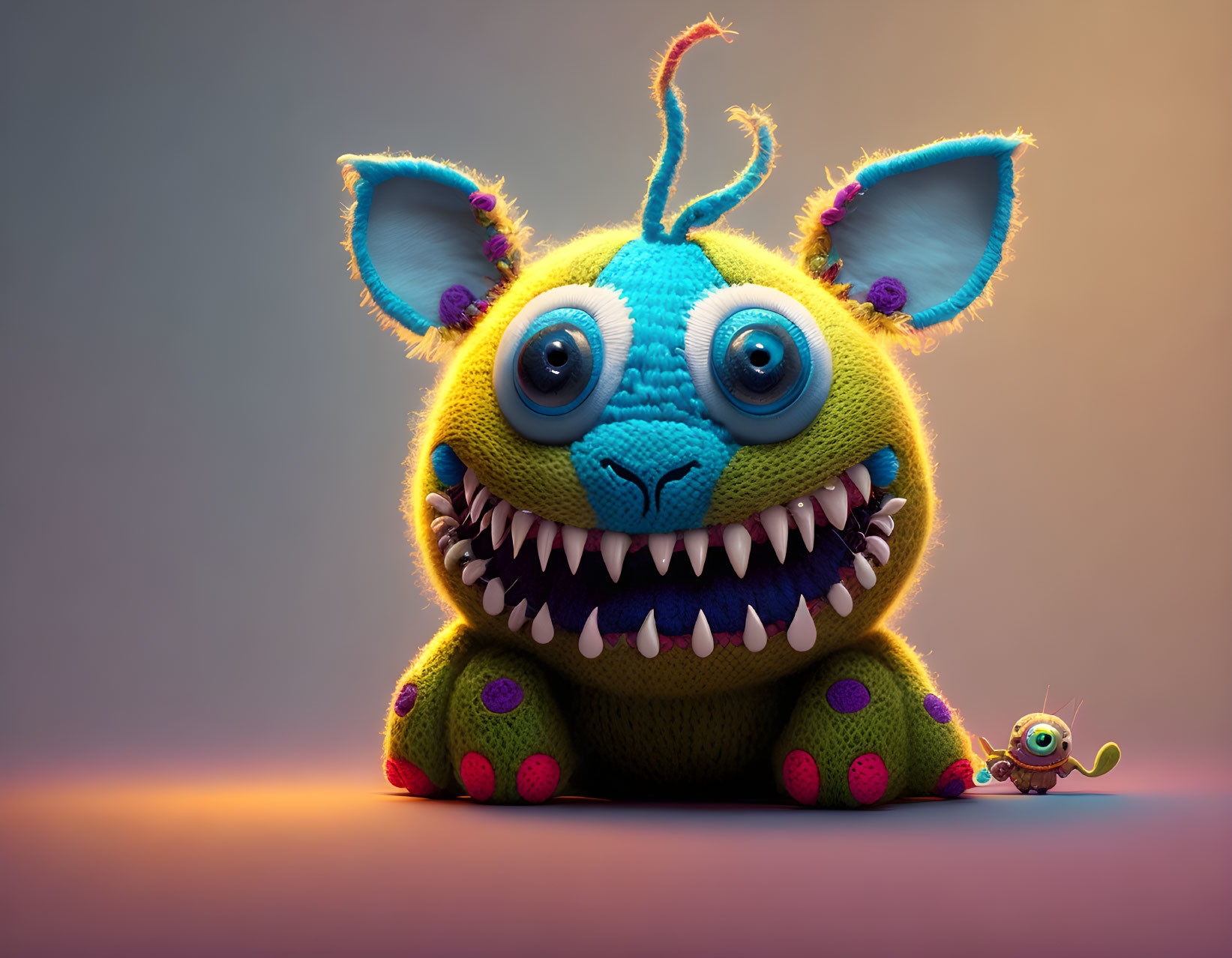 Colorful whimsical creatures with large eyes and sharp teeth in textured patches