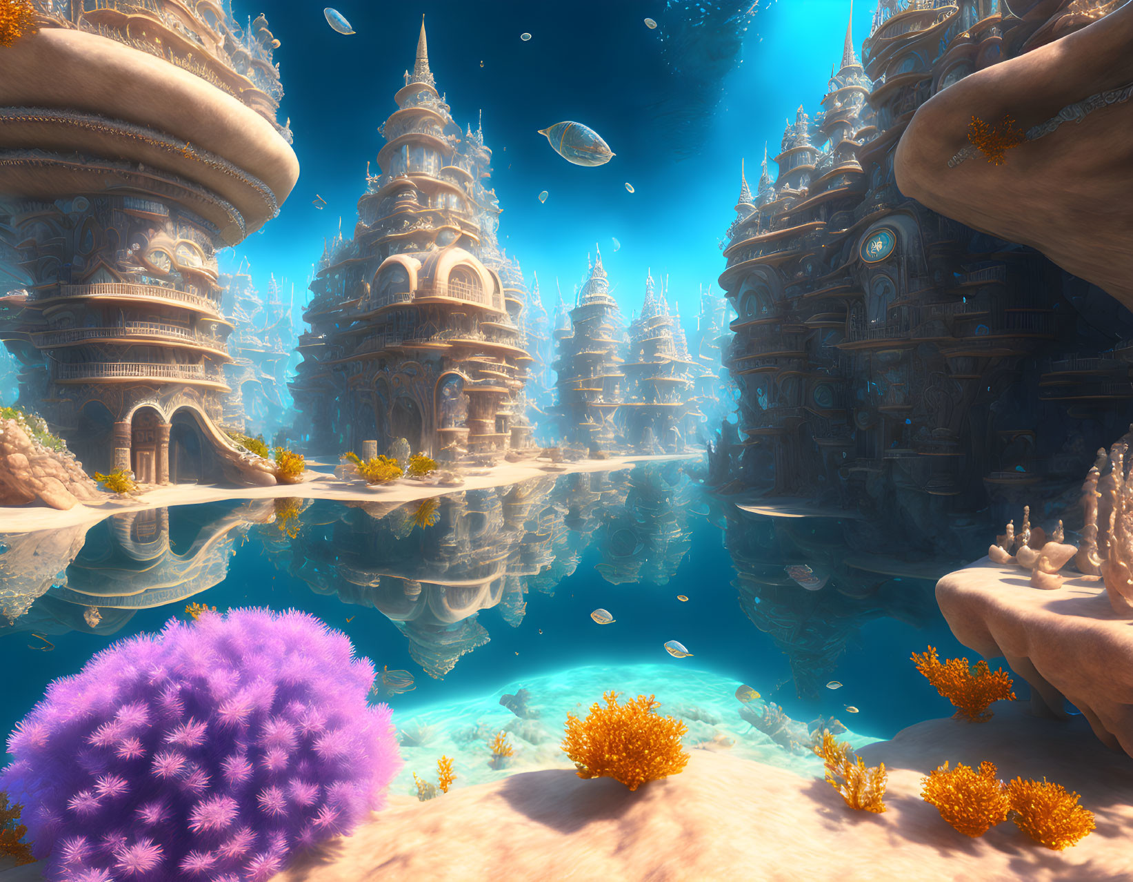 Vibrant underwater city with towering spires and illuminated structures