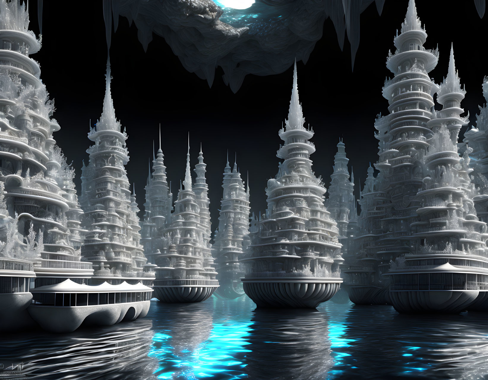 Ethereal white city with spire-topped towers reflected in water