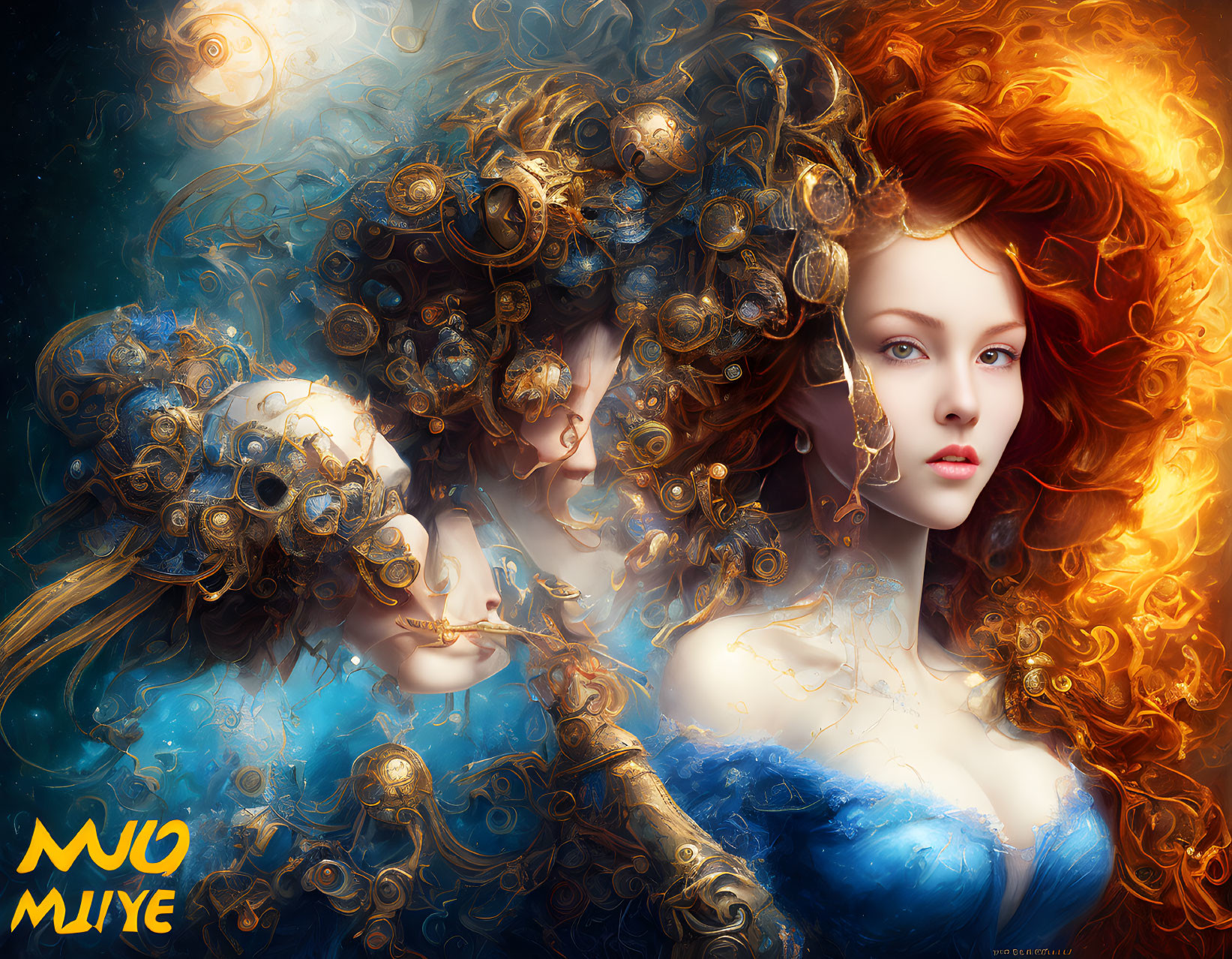 Fantastical digital artwork: Woman with red hair, gold and blue designs