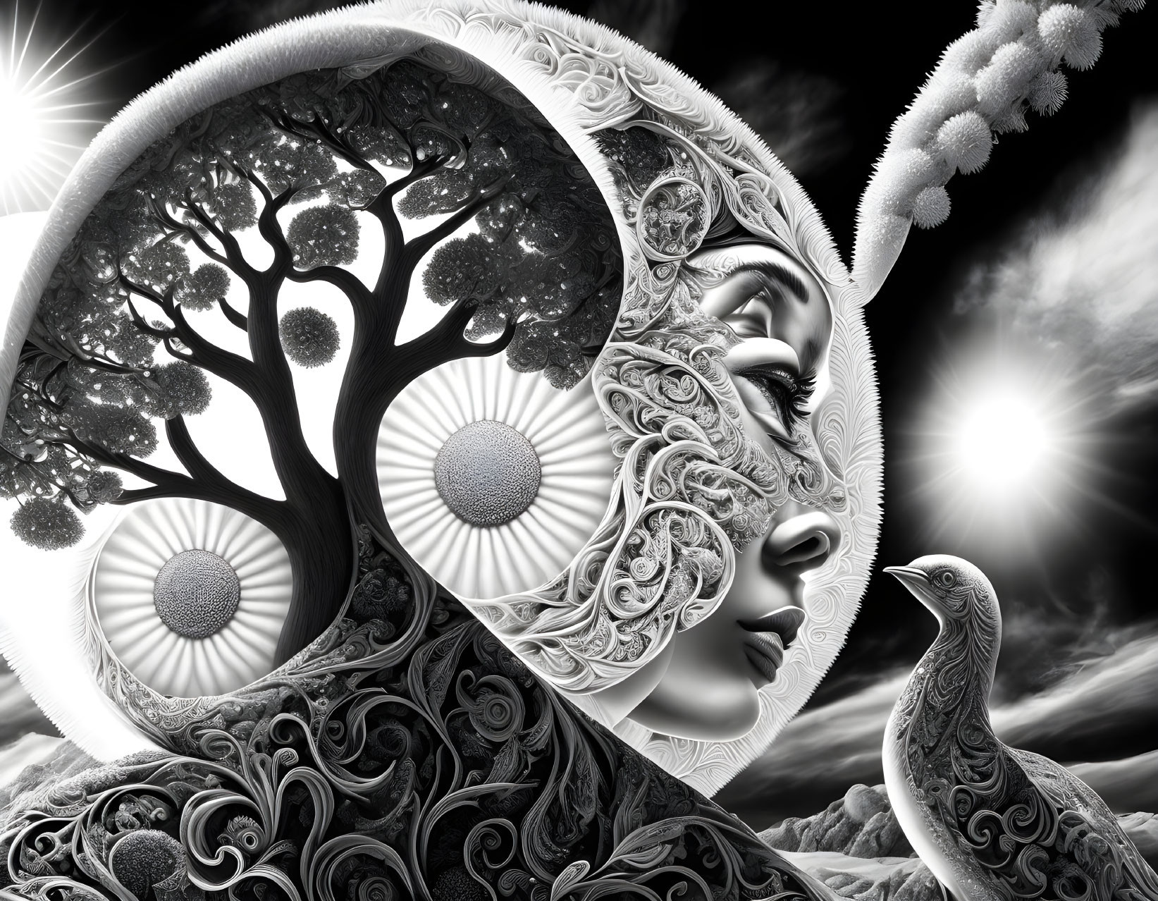 Monochromatic surreal artwork: detailed human-like face with tree, patterns, clouds, sun, and