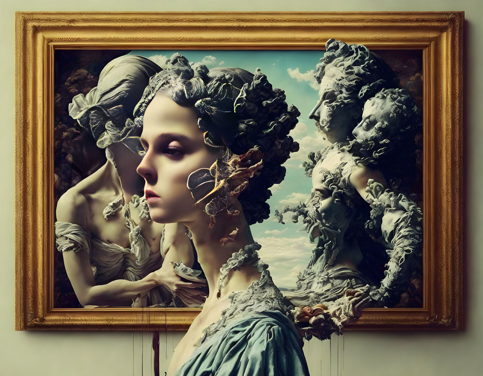 Woman's face merging with classical statues in surreal painting