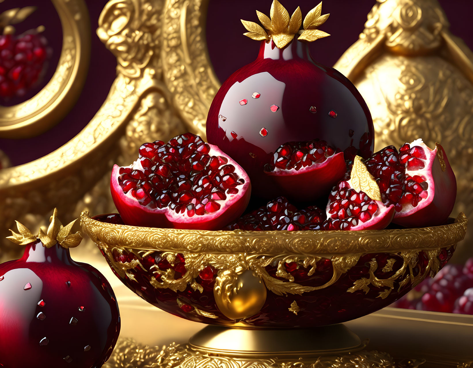 Golden bowl with ripe pomegranates on purple background